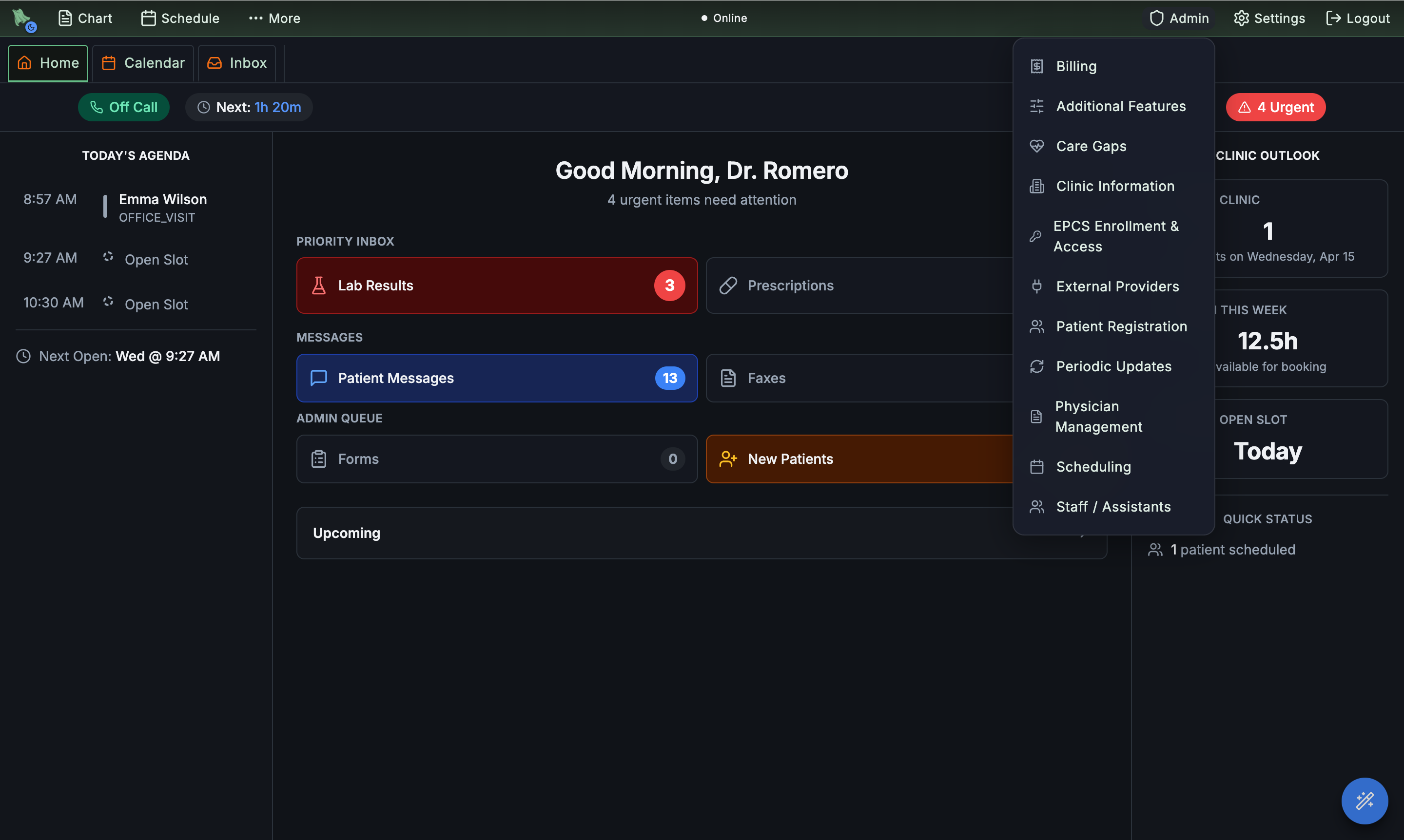 Admin dropdown menu