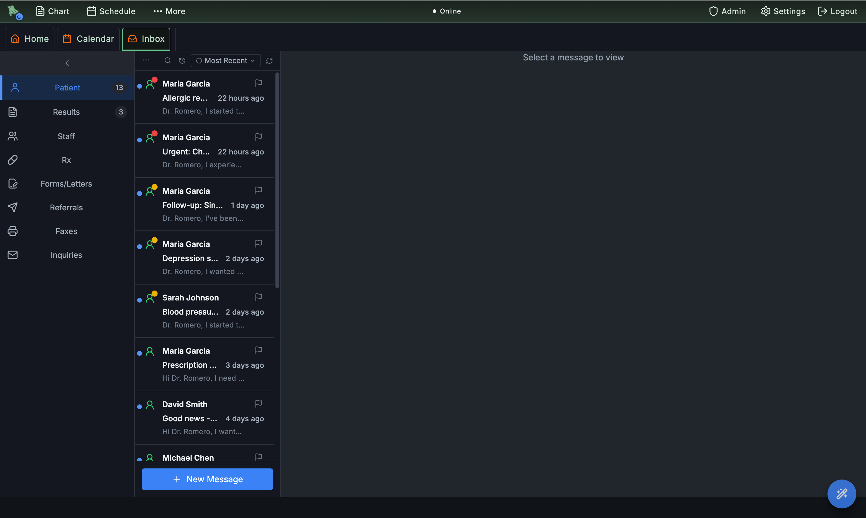 Inbox patient messages tab