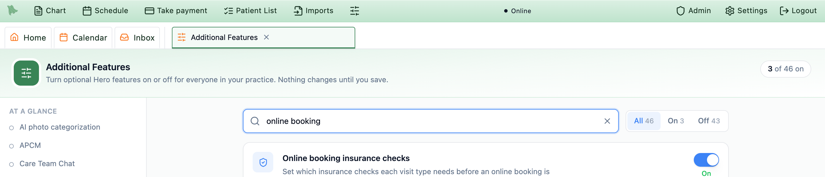 Admin, Additional Features, searched for online booking. The top of the Online booking insurance checks card reads: Set which insurance checks each visit type needs before an online booking is confirmed. Its switch, on the right, is On