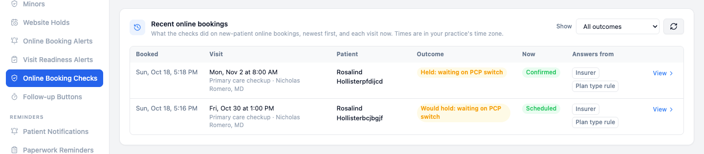 The Recent online bookings card with a Show filter set to All outcomes and a refresh button. Two rows. One, booked Sun, Oct 18, 5:18 PM for Mon, Nov 2 at 8:00 AM, Primary care checkup with Nicholas Romero, MD, has the outcome Held: waiting on PCP switch and is now Confirmed. The other, booked at 5:16 PM for Fri, Oct 30 at 1:00 PM, has the outcome Would hold: waiting on PCP switch and is now Scheduled. Both list answers from Insurer and Plan type rule, with a View link