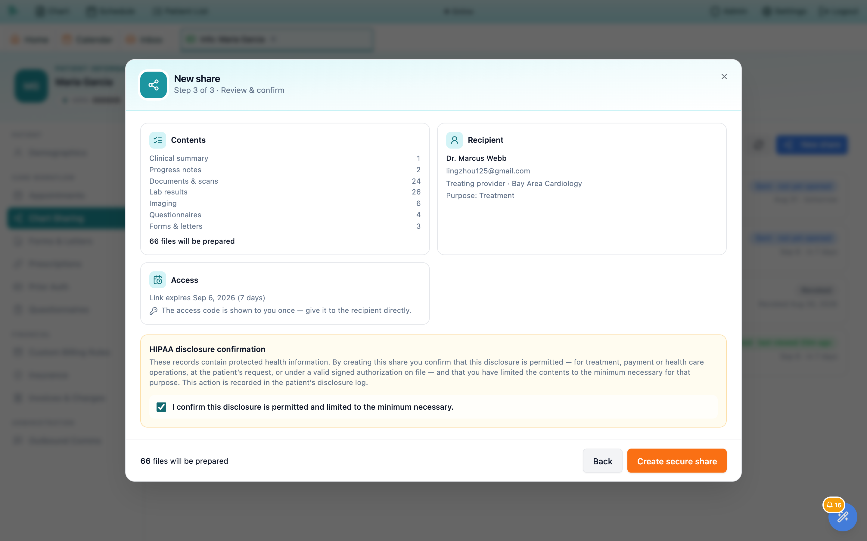 Step 3 of 3, Review and confirm, in the Hero EMR New share dialog: a Contents card listing Clinical summary 1, Progress notes 2, Documents and scans 24, Lab results 26, Imaging 6, Questionnaires 4, Forms and letters 3 and the total 66 files will be prepared, a Recipient card, an Access card reading Link expires Sep 6, 2026, 7 days, a yellow HIPAA disclosure confirmation box with its ticked checkbox, and the Create secure share button