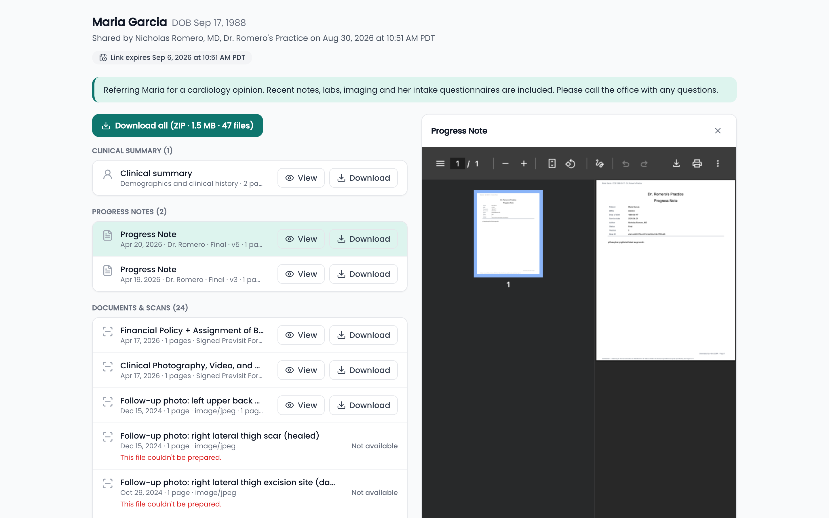 The unlocked Hero EMR chart-share page with a progress note open in a PDF pane on the right, titled Progress Note with a close button, showing the rendered note stamped with the practice name and the patient header, while the file list stays usable on the left with the opened row highlighted
