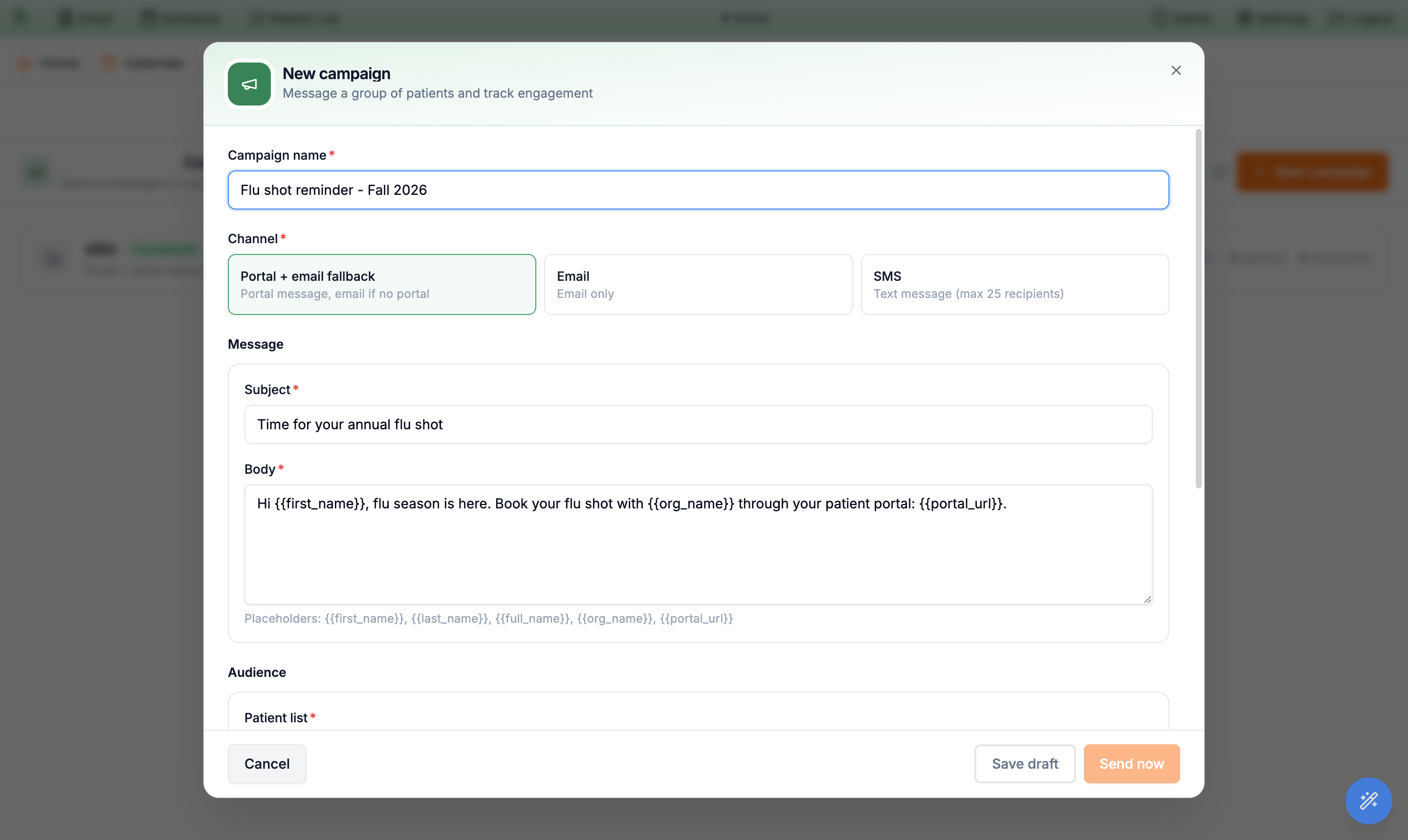 Campaign composer with channel cards, Subject and Body fields, and a placeholder hint
