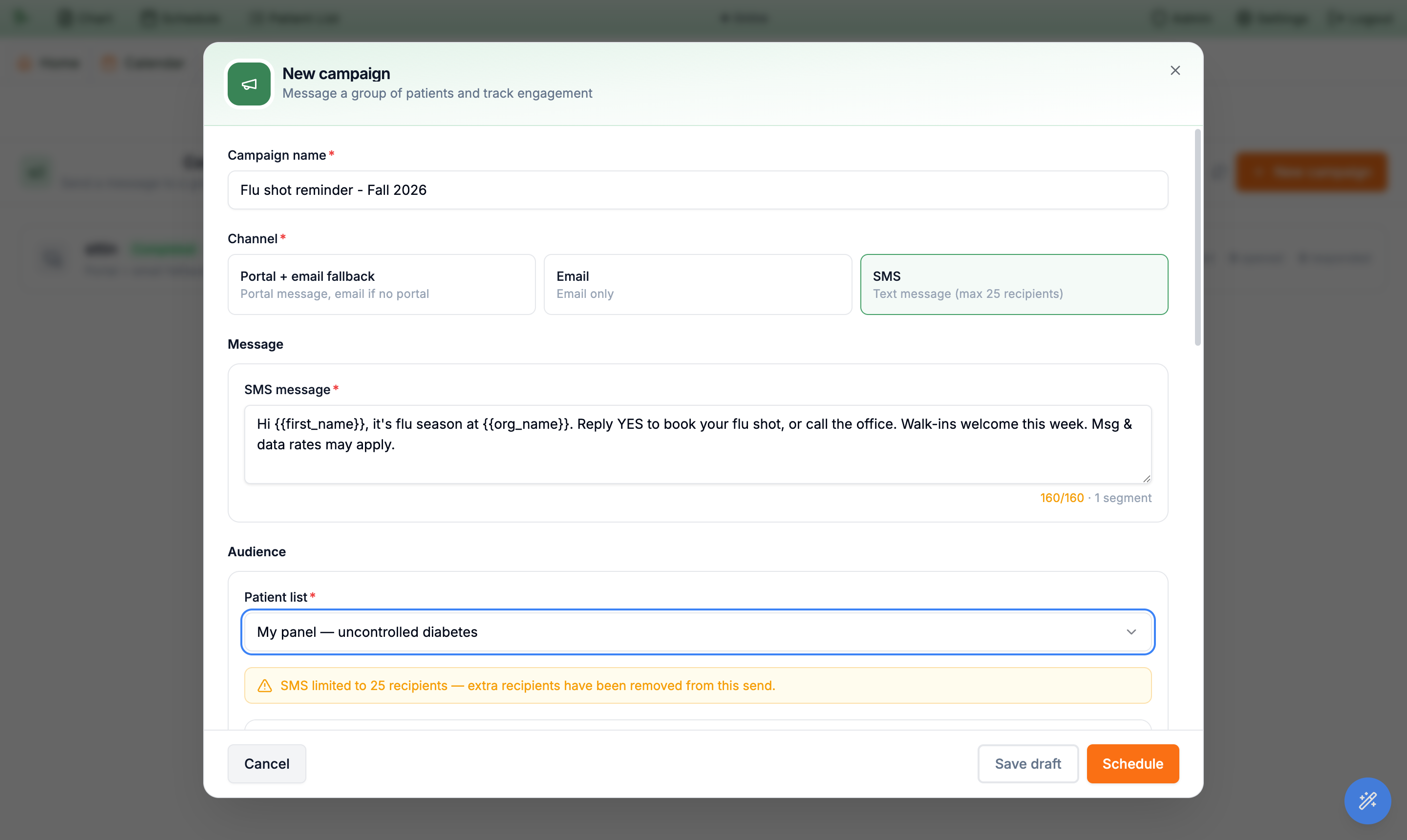 SMS channel selected with a 160 of 160 character counter and an amber SMS limited to 25 recipients cap alert