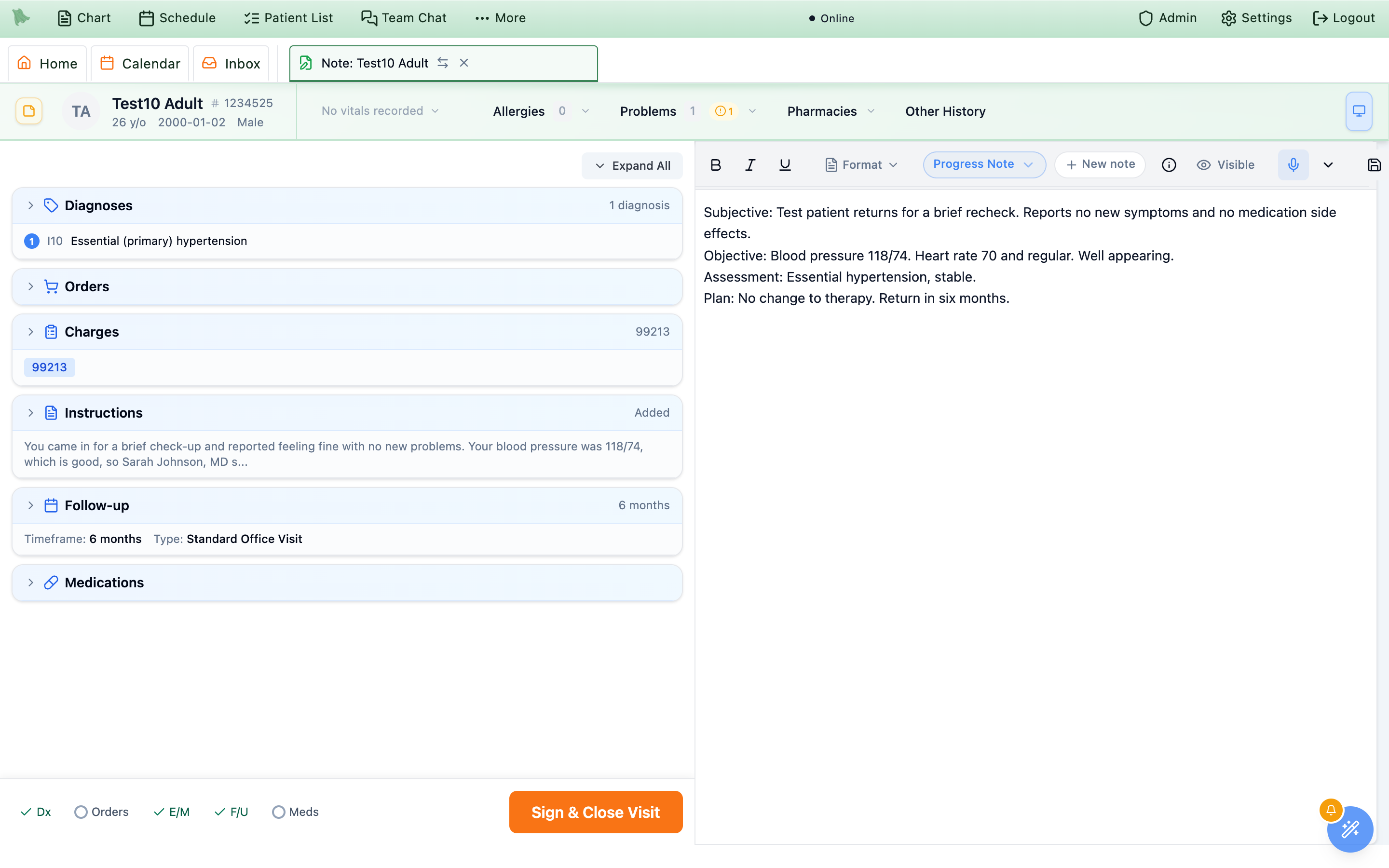 Encounter Completion panel with collapsible Diagnoses, Orders, Charges, Instructions, Follow-up and Medications sections, a Follow-up auto-set to 2 weeks, a Dx/Orders/E/M/F/U/Meds progress tracker, and a Sign & Close Visit button