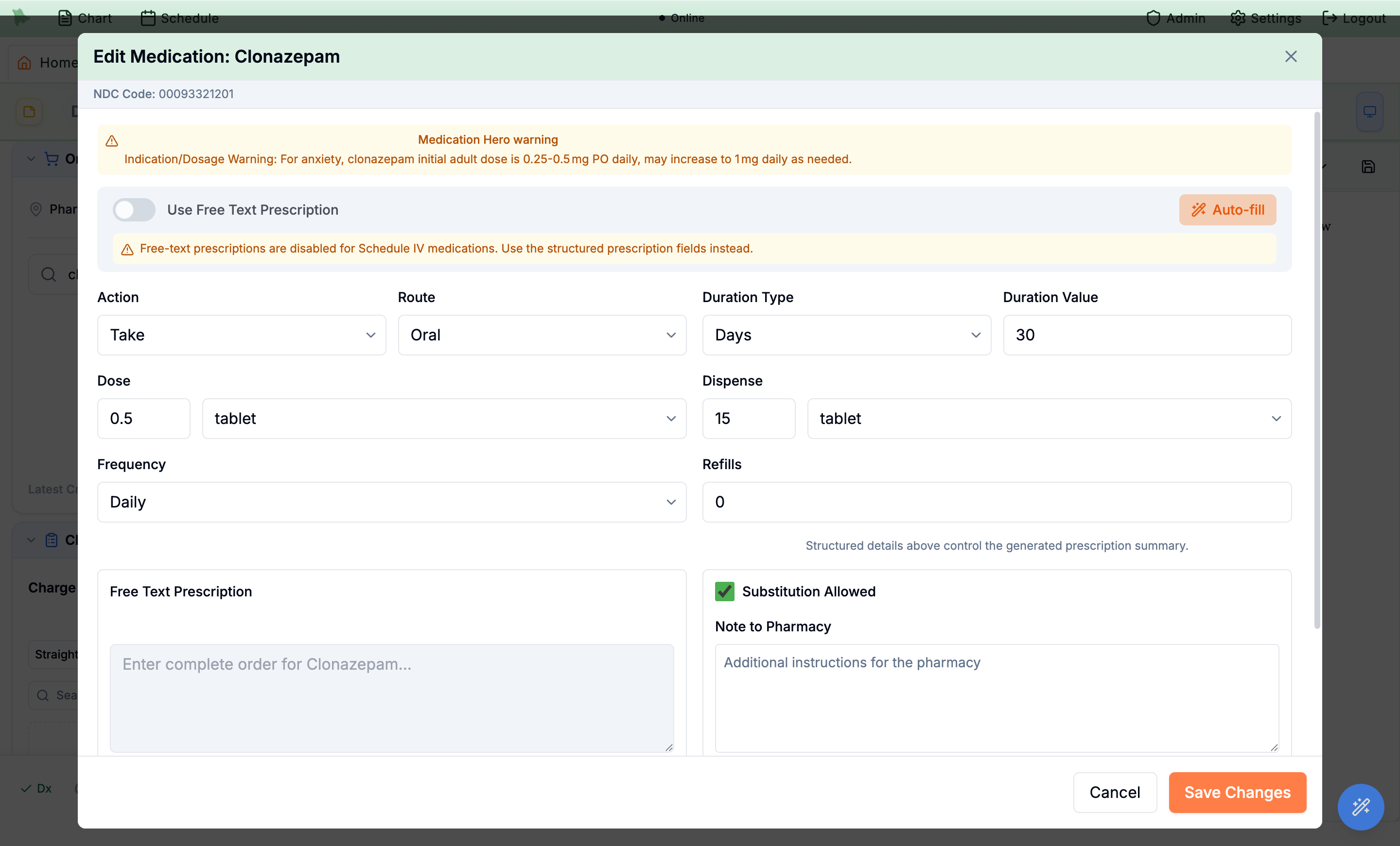 The Edit Medication dialog after Auto-fill with structured dose, dispense, frequency, and duration filled in and an amber Medication Hero warning giving indication-specific dosing guidance