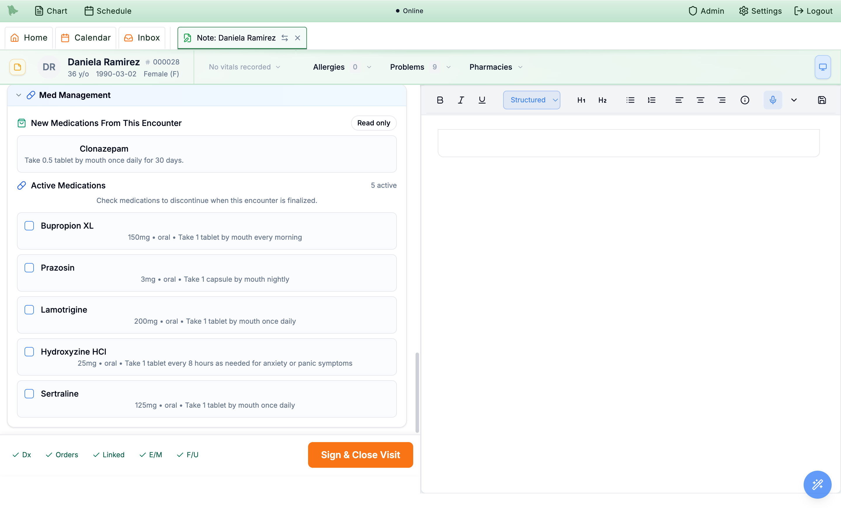Medications section listing the new clonazepam order and five active medications each with a checkbox to discontinue on finalize