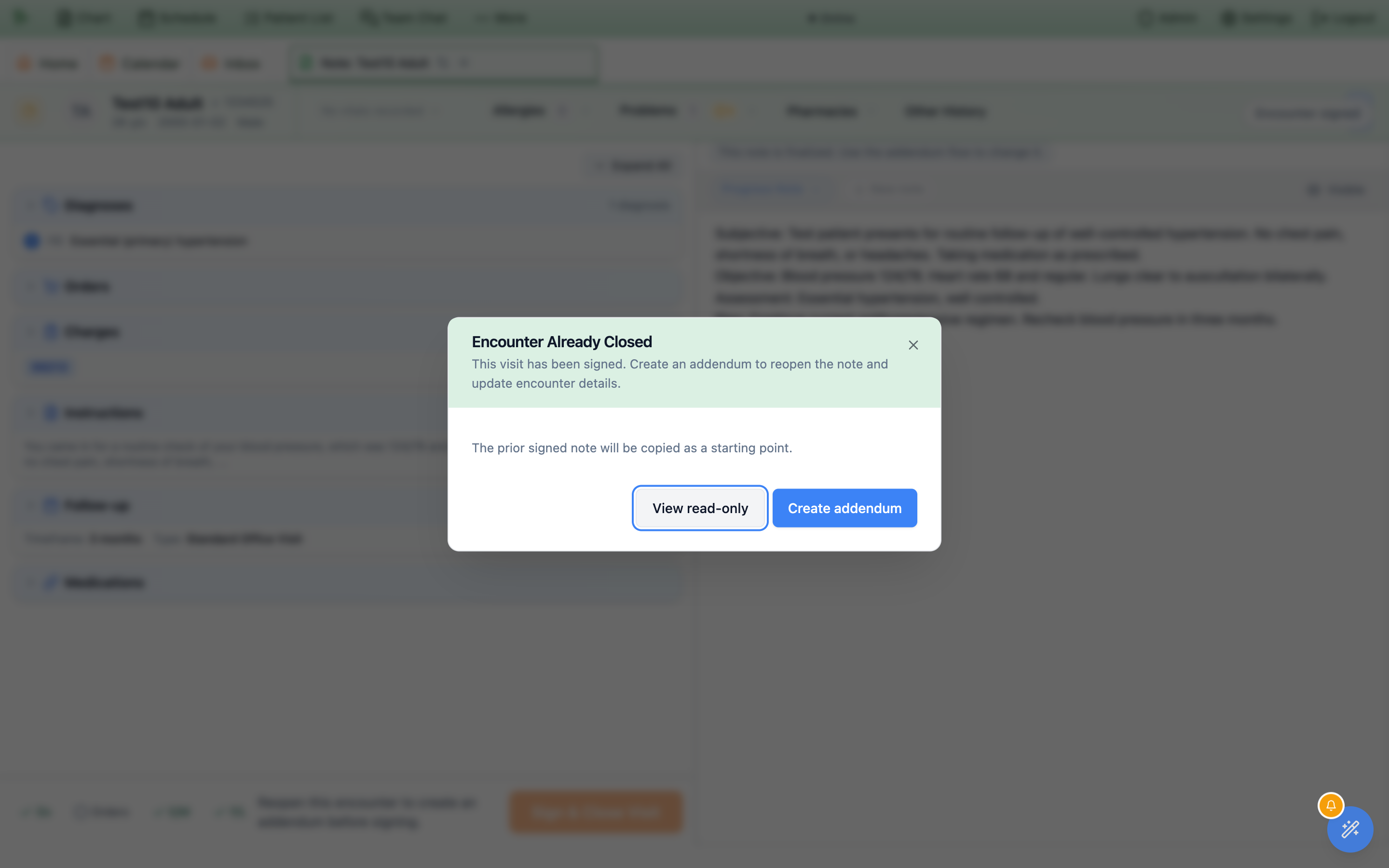 Encounter Already Closed dialog over a signed note, reading This visit has been signed. Create an addendum to reopen the note and update encounter details, with the smaller line The prior signed note will be copied as a starting point, and View read-only and Create addendum buttons