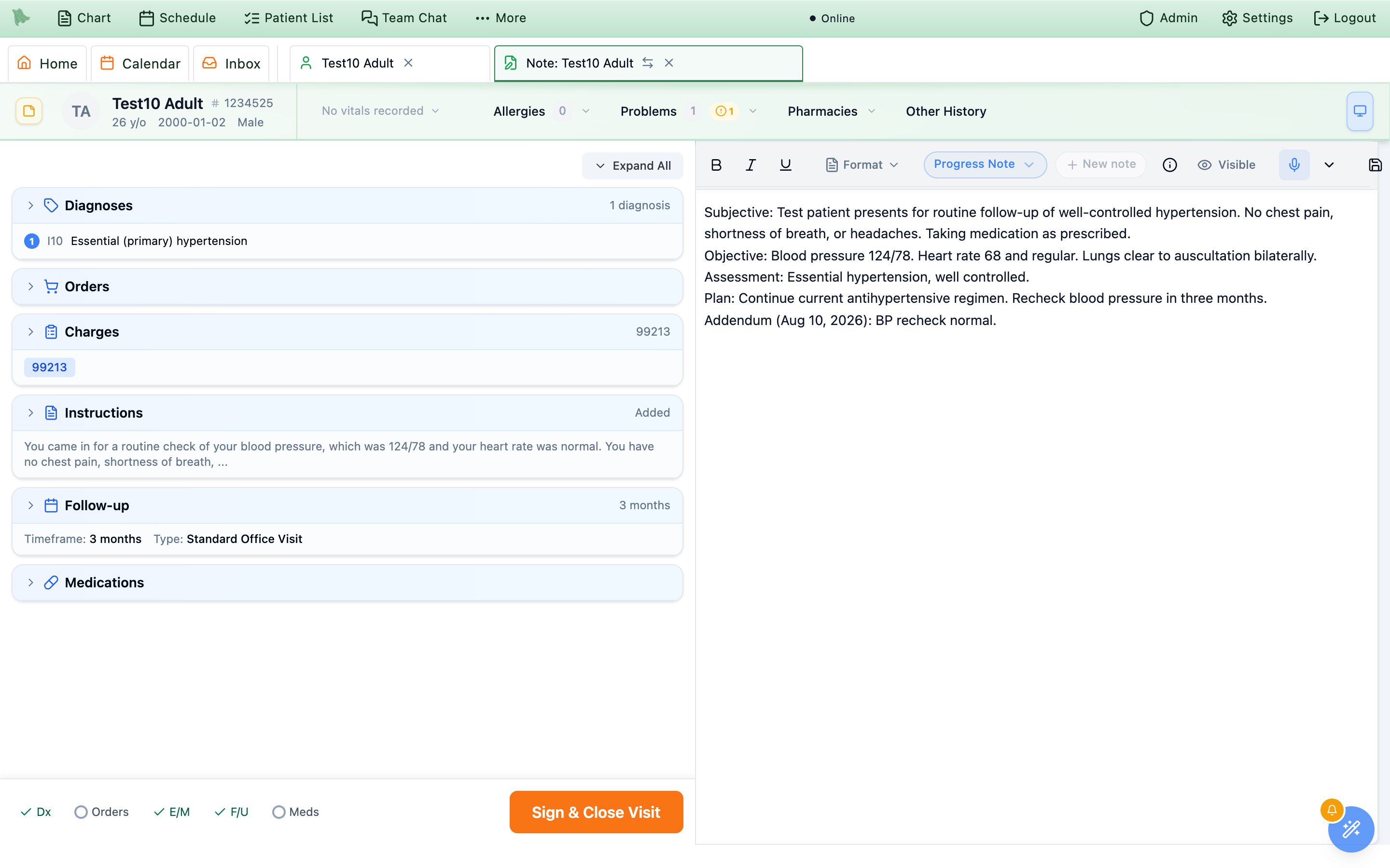 The two-pane note writer during an addendum: the copied note is editable on the right with a new dated Addendum paragraph, and Encounter Completion on the left still shows the visit's original diagnoses and charges