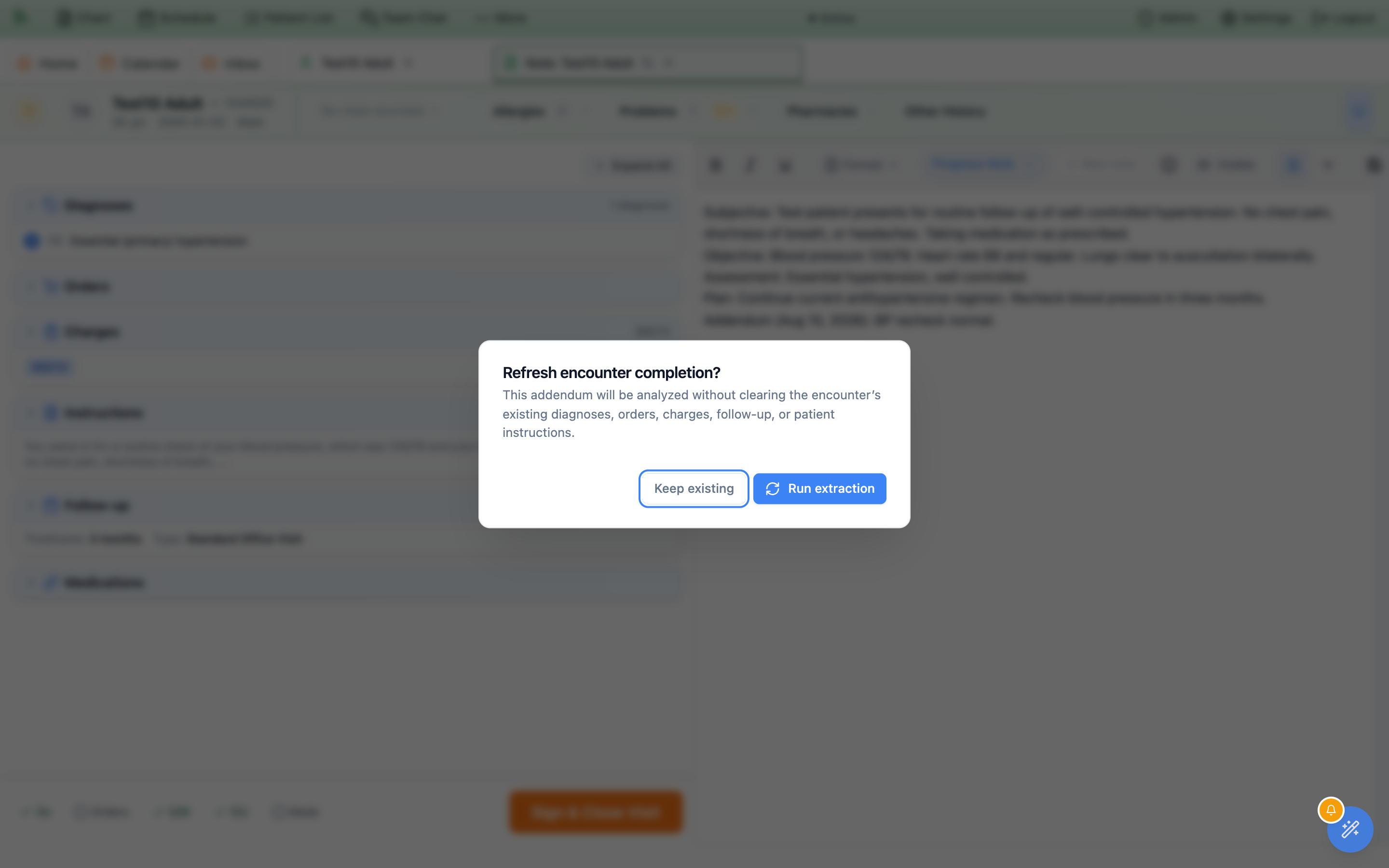 Refresh encounter completion dialog during an addendum, reading This addendum will be analyzed without clearing the encounter's existing diagnoses, orders, charges, follow-up, or patient instructions, with Keep existing and Run extraction buttons