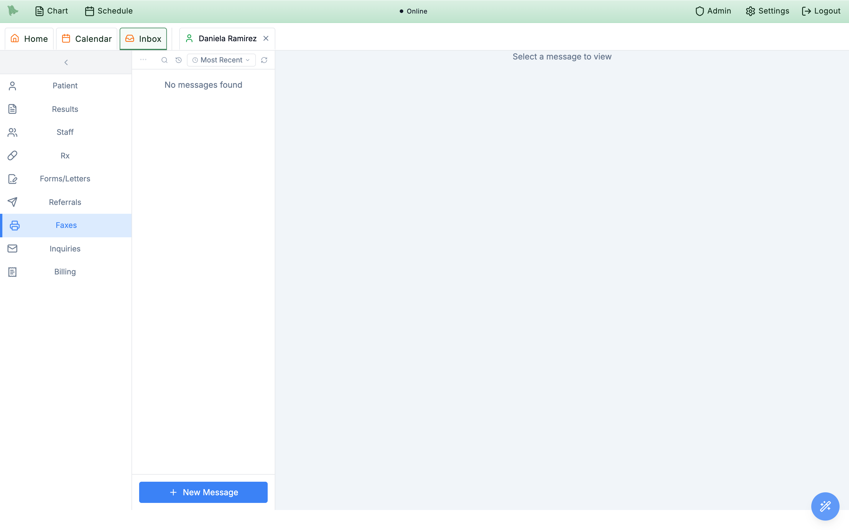 The Inbox with Faxes selected in the left sidebar, the action bar across the top, and an empty message list reading No messages found