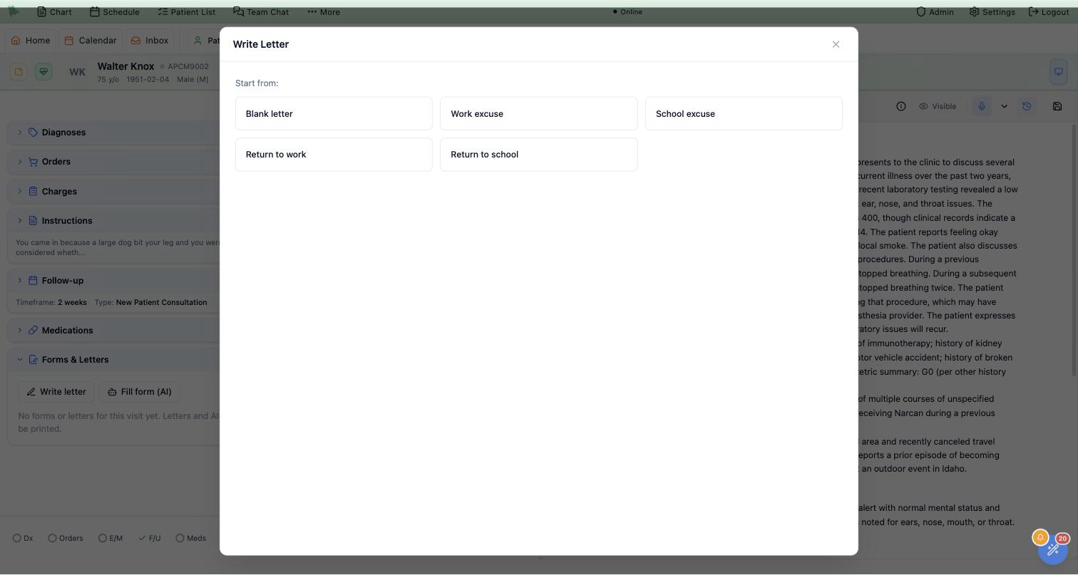 The Write Letter dialog in Hero EMR showing a Start from: heading with a Blank letter tile followed by the practice's letter templates