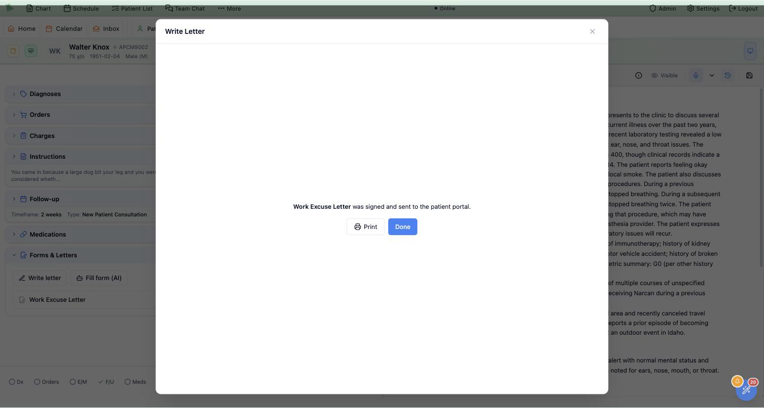 The Write Letter dialog after signing, showing the confirmation Work Excuse Letter was signed and sent to the patient portal, with a Print button and a Done button