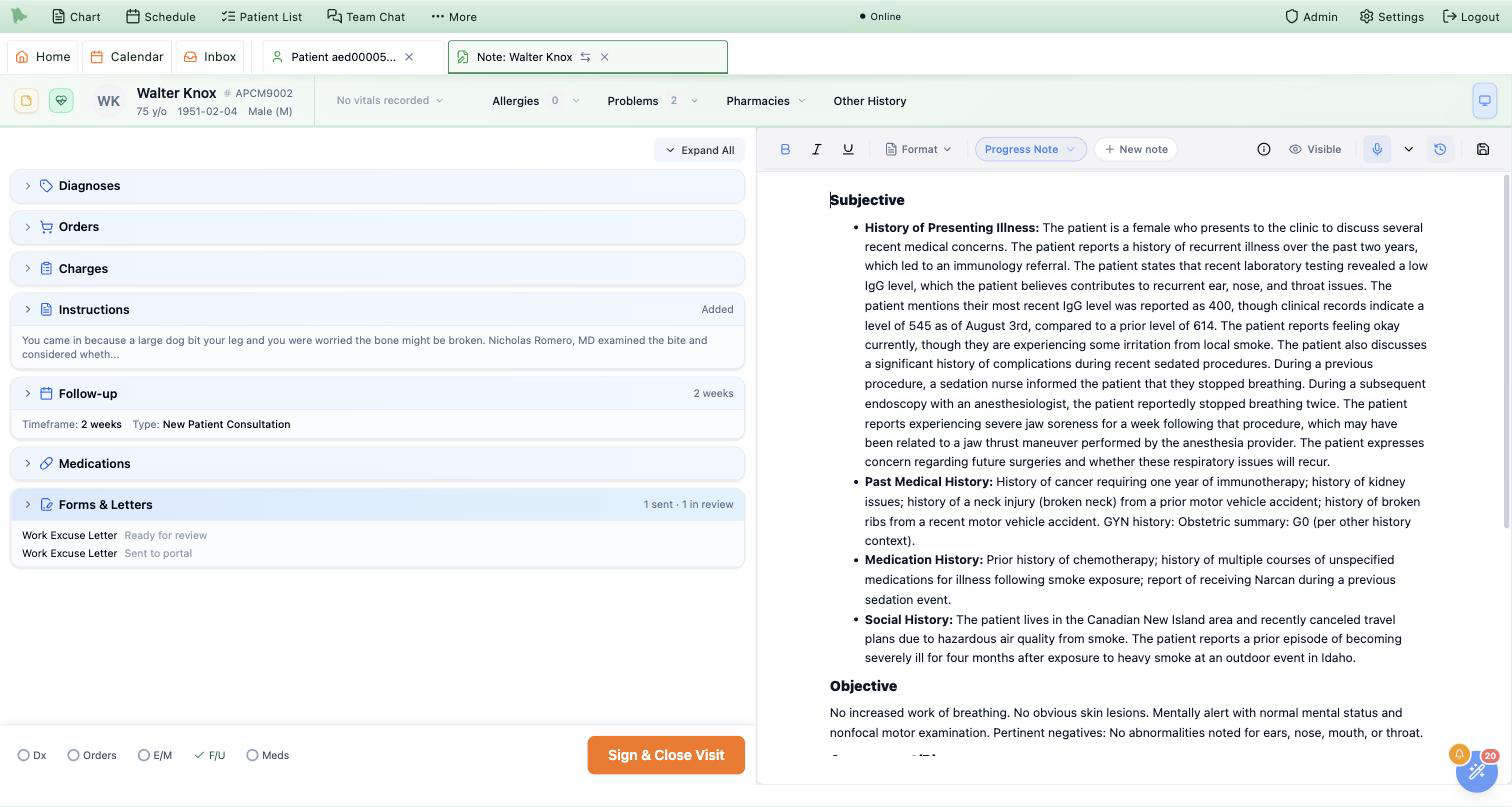 The encounter completion checklist with the Forms & Letters section collapsed, its header reading 1 sent &middot; 1 in review, and beneath it a compact list showing Work Excuse Letter Ready for review and Work Excuse Letter Sent to portal