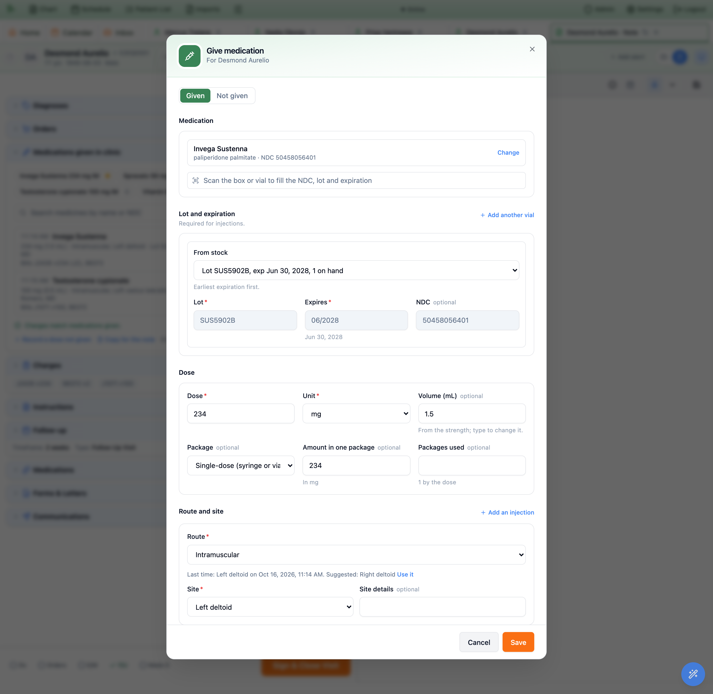 Give medication dialog for Invega Sustenna with Given selected: the medication with its NDC and Change, the scan field, Lot and expiration with a lot chosen From stock filling the lot, expiration and NDC, the Dose part with 234 mg, 1.5 mL from the strength, a single-dose package of 234 mg and 1 package by the dose, and Route and site with Intramuscular and the hint Last time: Left deltoid, Suggested: Right deltoid, Use it