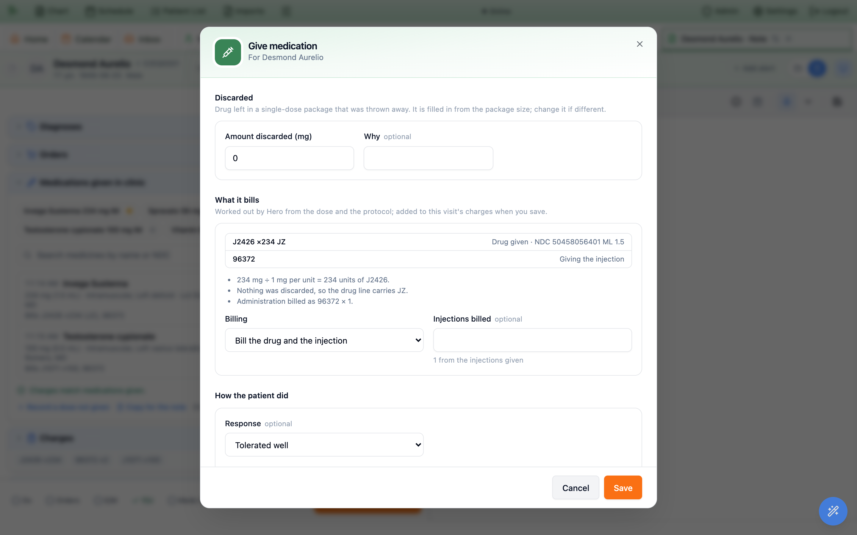Give medication dialog scrolled to Discarded, with 0 mg discarded, and What it bills: J2426 times 234 JZ as Drug given with NDC 50458056401 ML 1.5, 96372 as Giving the injection, three explanation lines, the Billing choice Bill the drug and the injection, and Injections billed, 1 from the injections given