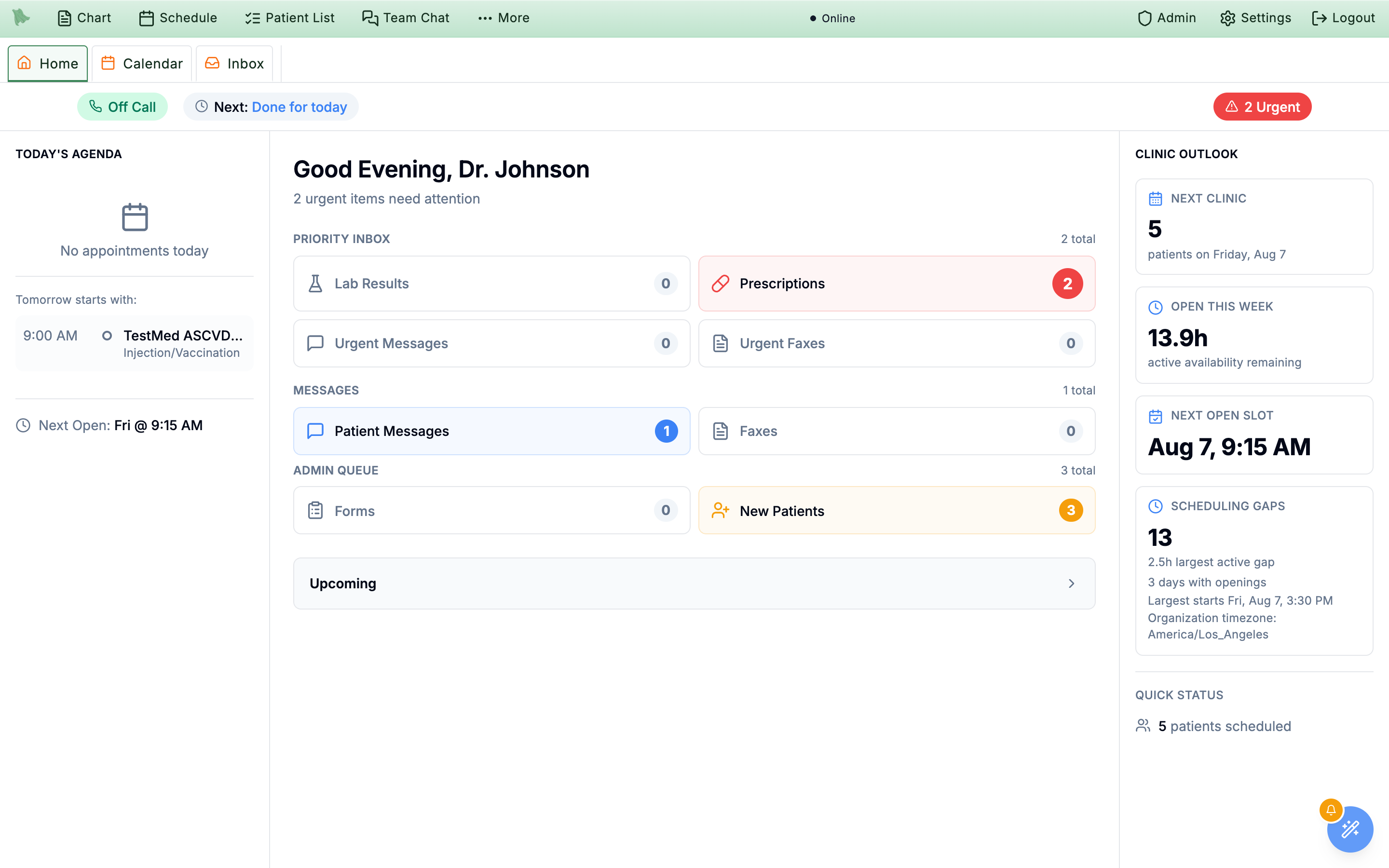 Home dashboard with Today's Agenda on the left, the Priority Inbox (Lab Results, Prescriptions, Urgent Messages, Urgent Faxes), Messages (Patient Messages, Faxes) and Admin Queue (Forms, New Patients 2) button groups in the center, and Clinic Outlook on the right