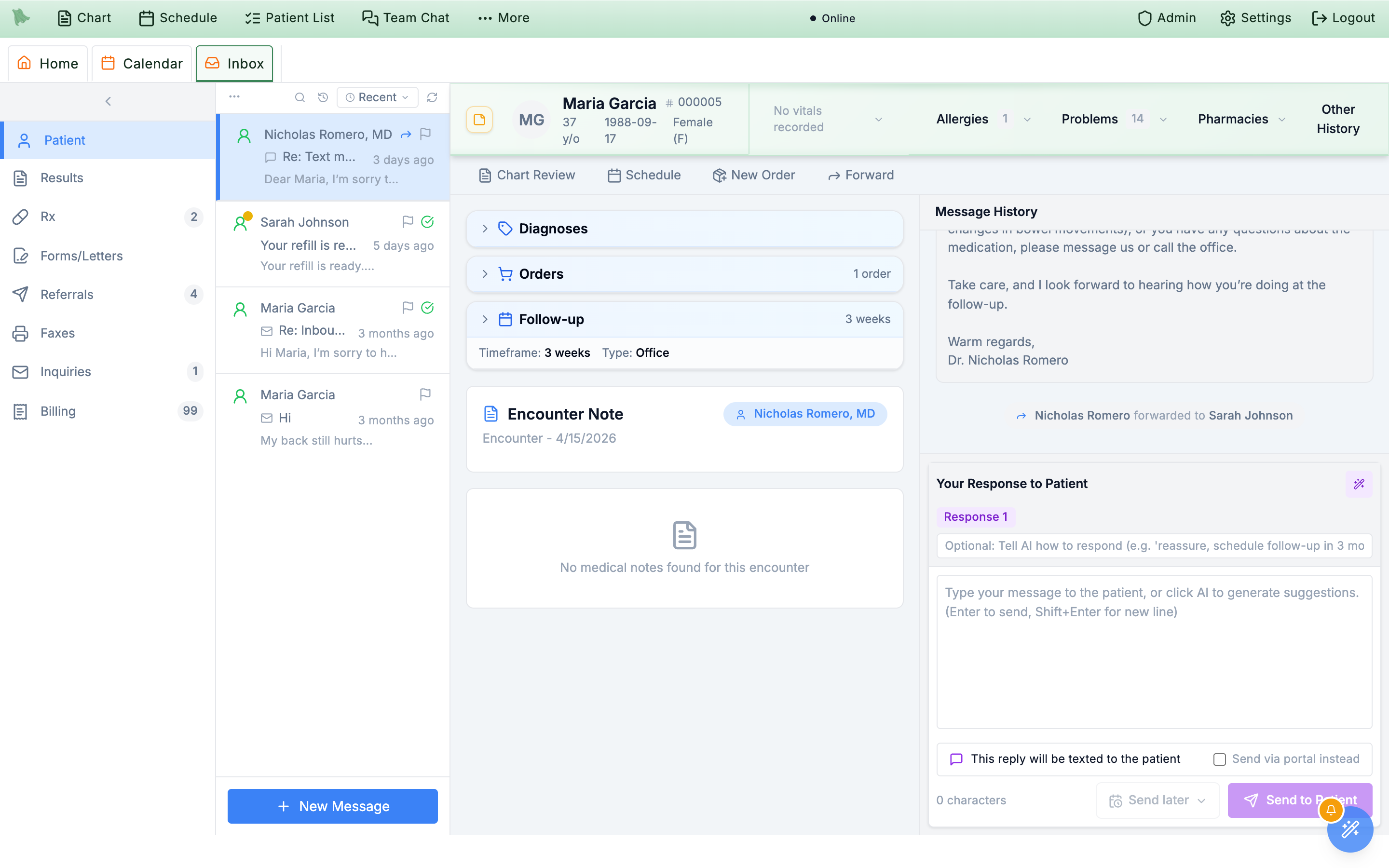 The Inbox Patient view with a thread open: Message History with a clinician reply bubble, and the Your Response to Patient composer carrying a Response 1 AI chip above the Send to Patient button