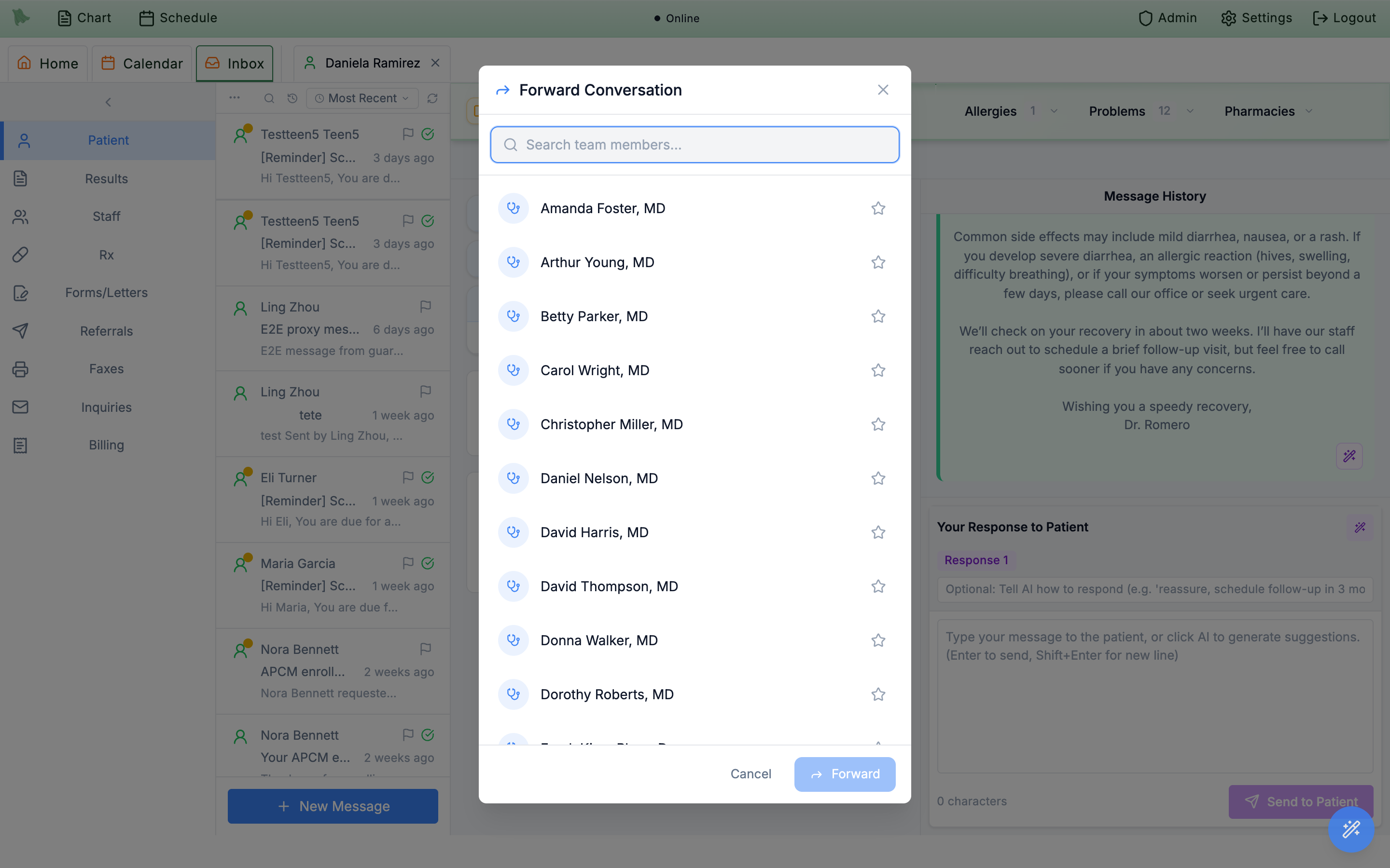 Forward Conversation dialog with a Search team members box, a list of physicians with favorite stars, and Cancel and Forward buttons