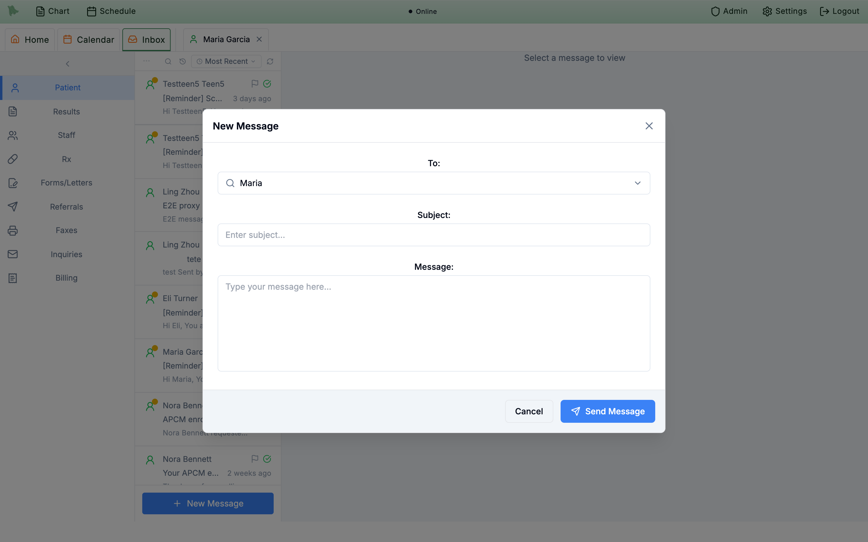 New Message modal with the To patient picker showing a typed search, Subject and Message fields, and a Send Message button