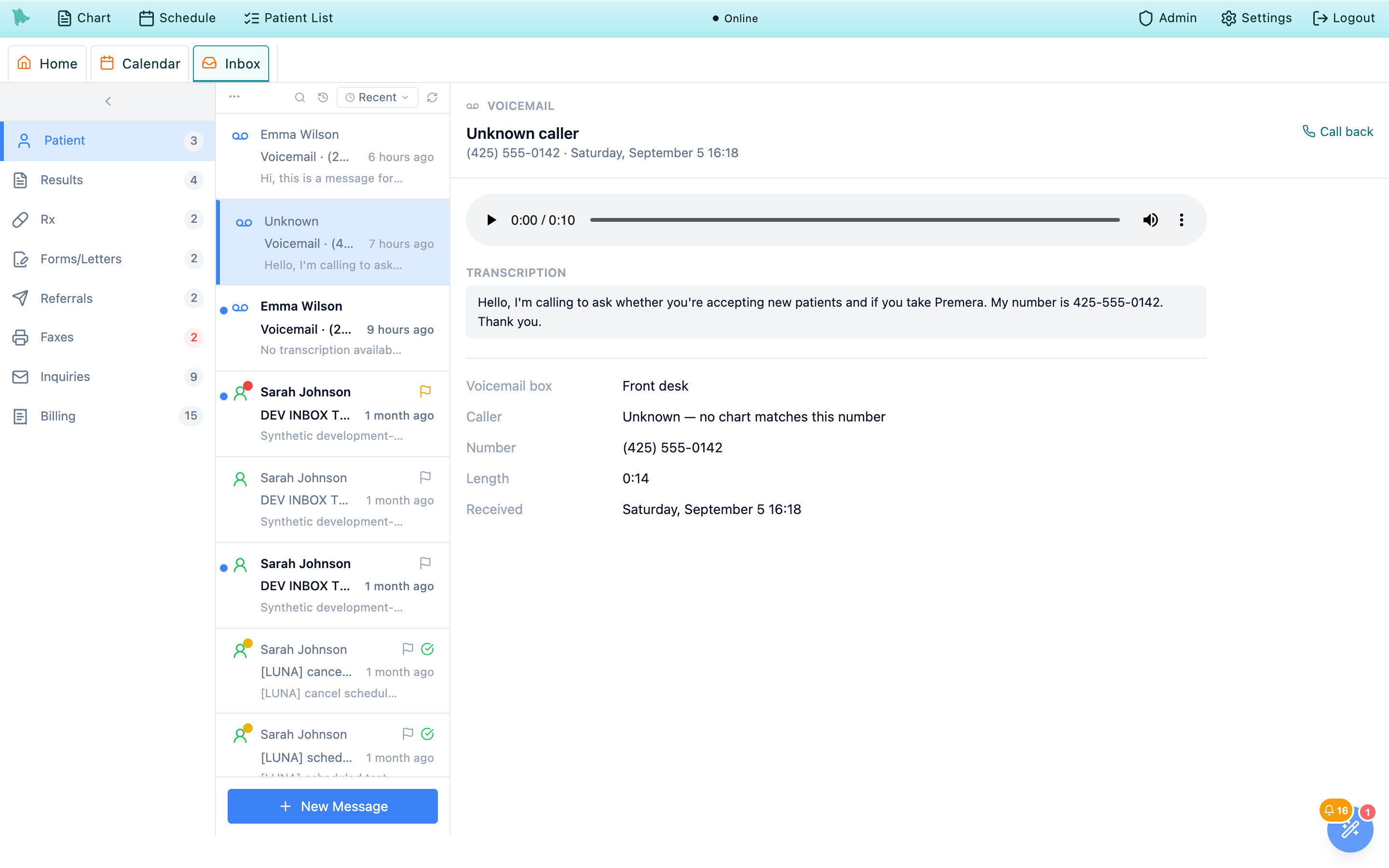 Reading pane for a voicemail from an unknown number: the header reads Unknown caller with the number and the received time, the audio player and transcription below, and the Caller detail reads Unknown, no chart matches this number