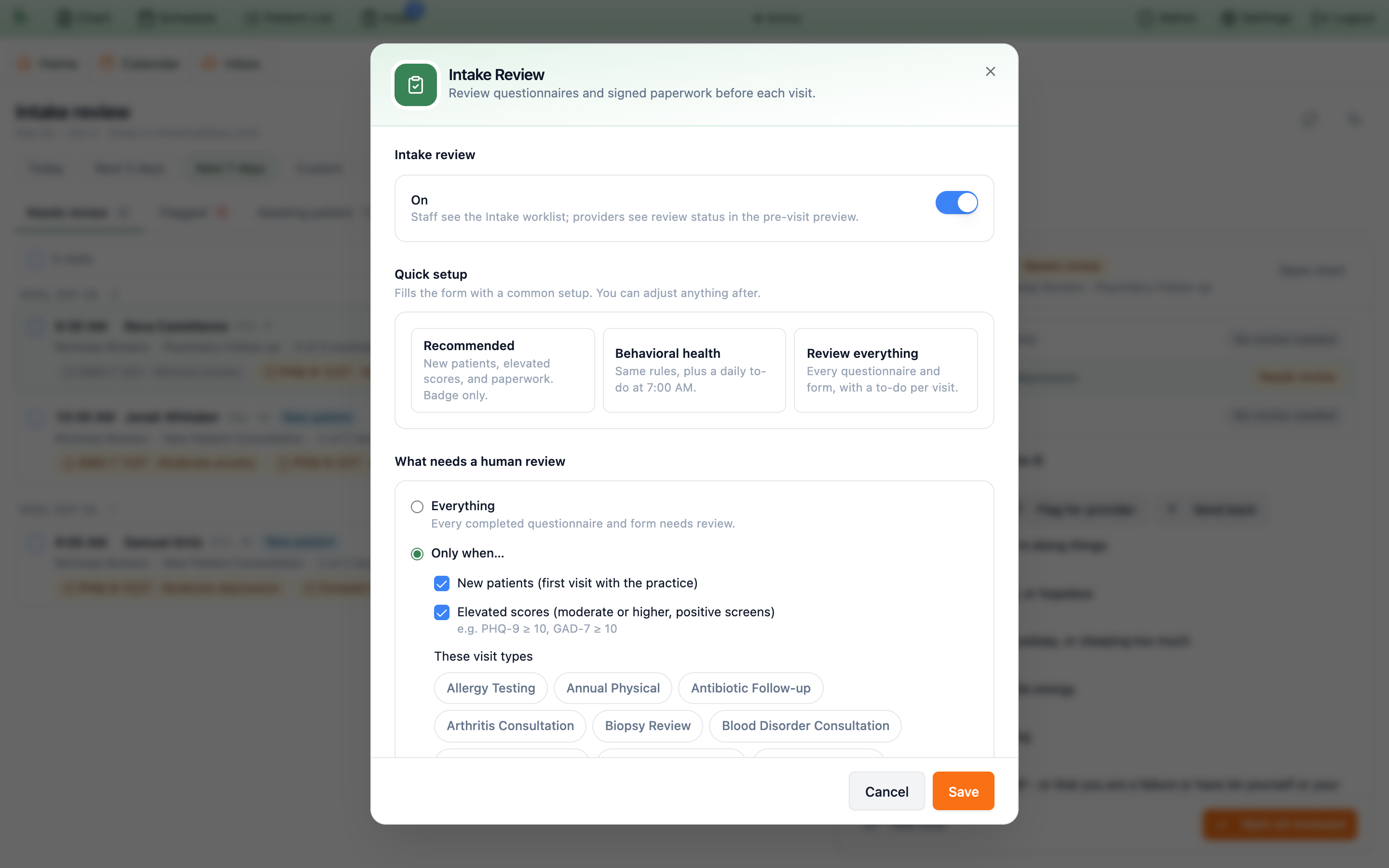 Intake Review settings dialog with the switch On, Quick setup cards for Recommended, Behavioral health and Review everything, and What needs a human review set to Only when with New patients and Elevated scores ticked and a row of visit-type chips