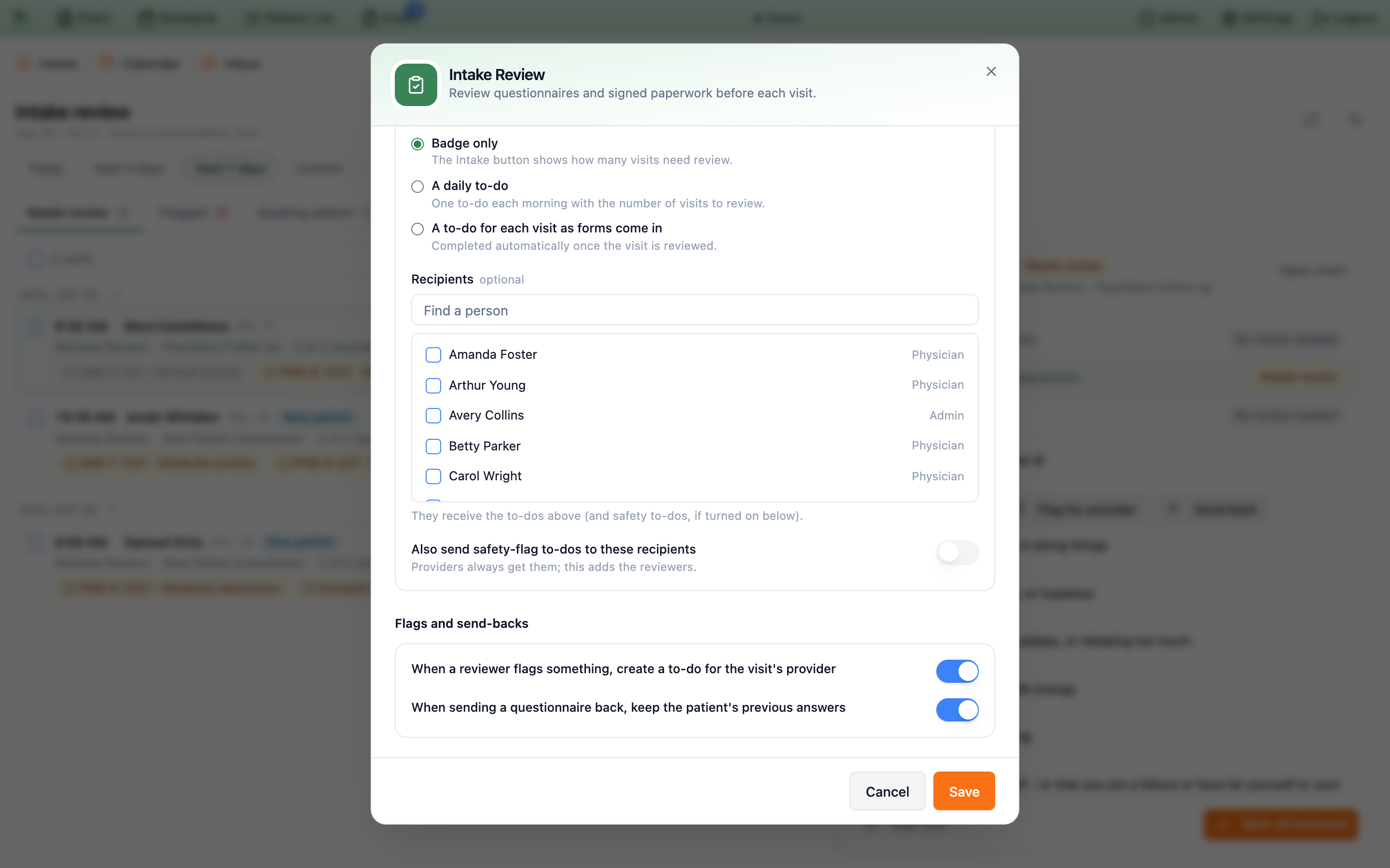 Lower part of the Intake Review dialog with Badge only selected, a Recipients picker listing providers and admins, the Also send safety-flag to-dos switch, and the two Flags and send-backs switches turned on