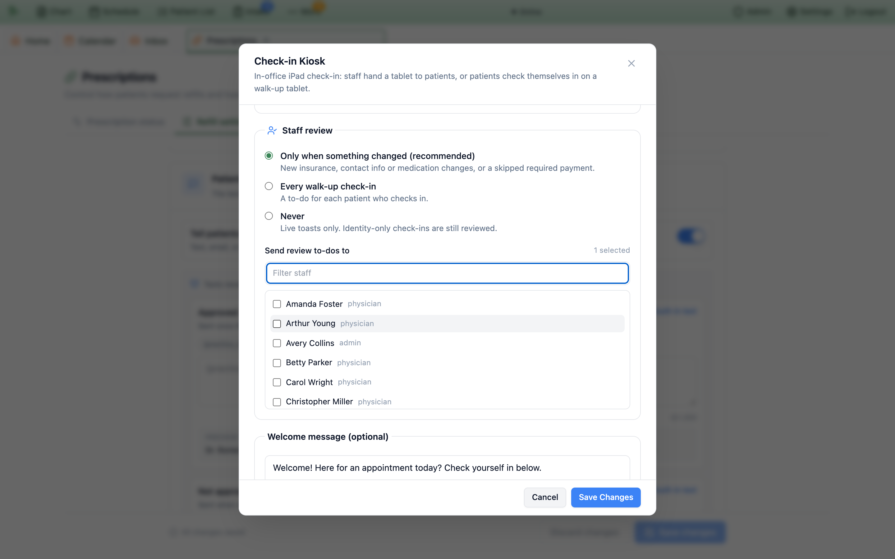 The Staff review section with Only when something changed selected, a Send review to-dos to list with one person selected, and a welcome message filled in