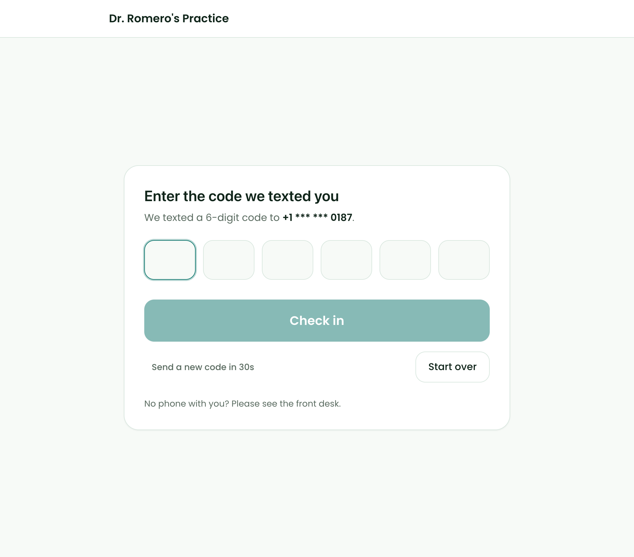 Walk-up tablet screen titled Enter the code we texted you, showing a masked phone number, six code boxes, a Check in button, a Send a new code countdown and a note to see the front desk without a phone