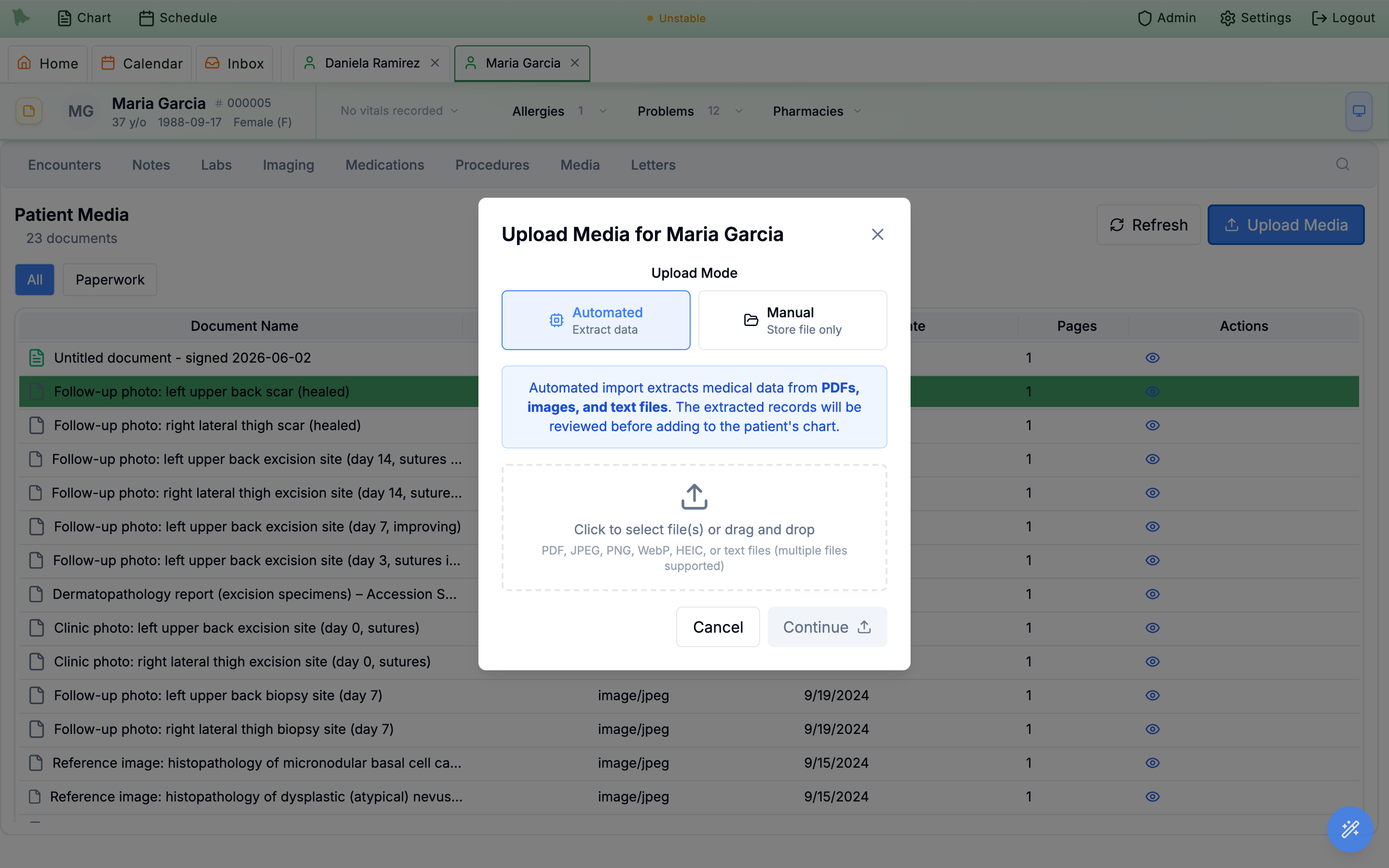 Upload Media for Maria Garcia dialog with an Upload Mode toggle between Automated — Extract data and Manual — Store file only, an explanation of automated import, a drag-and-drop area, and Cancel and Continue buttons