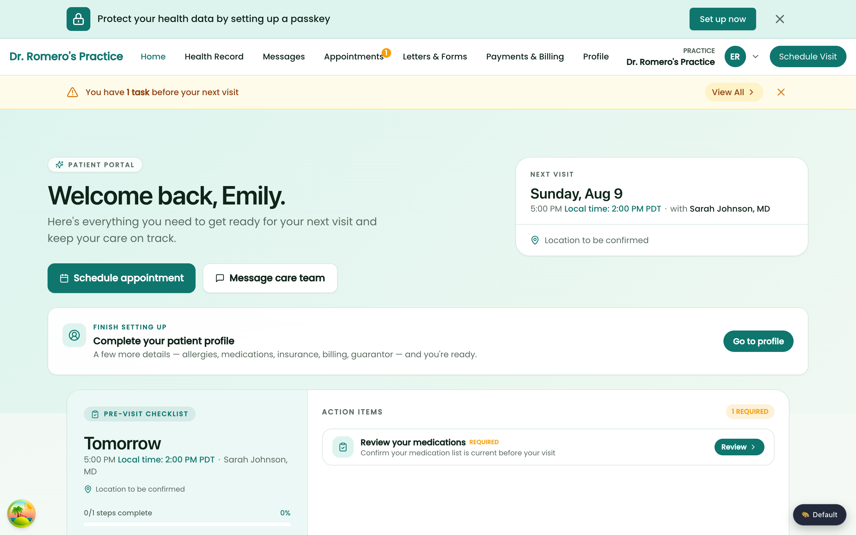 Patient portal home showing a task banner and a required Review your medications action item with a Review button