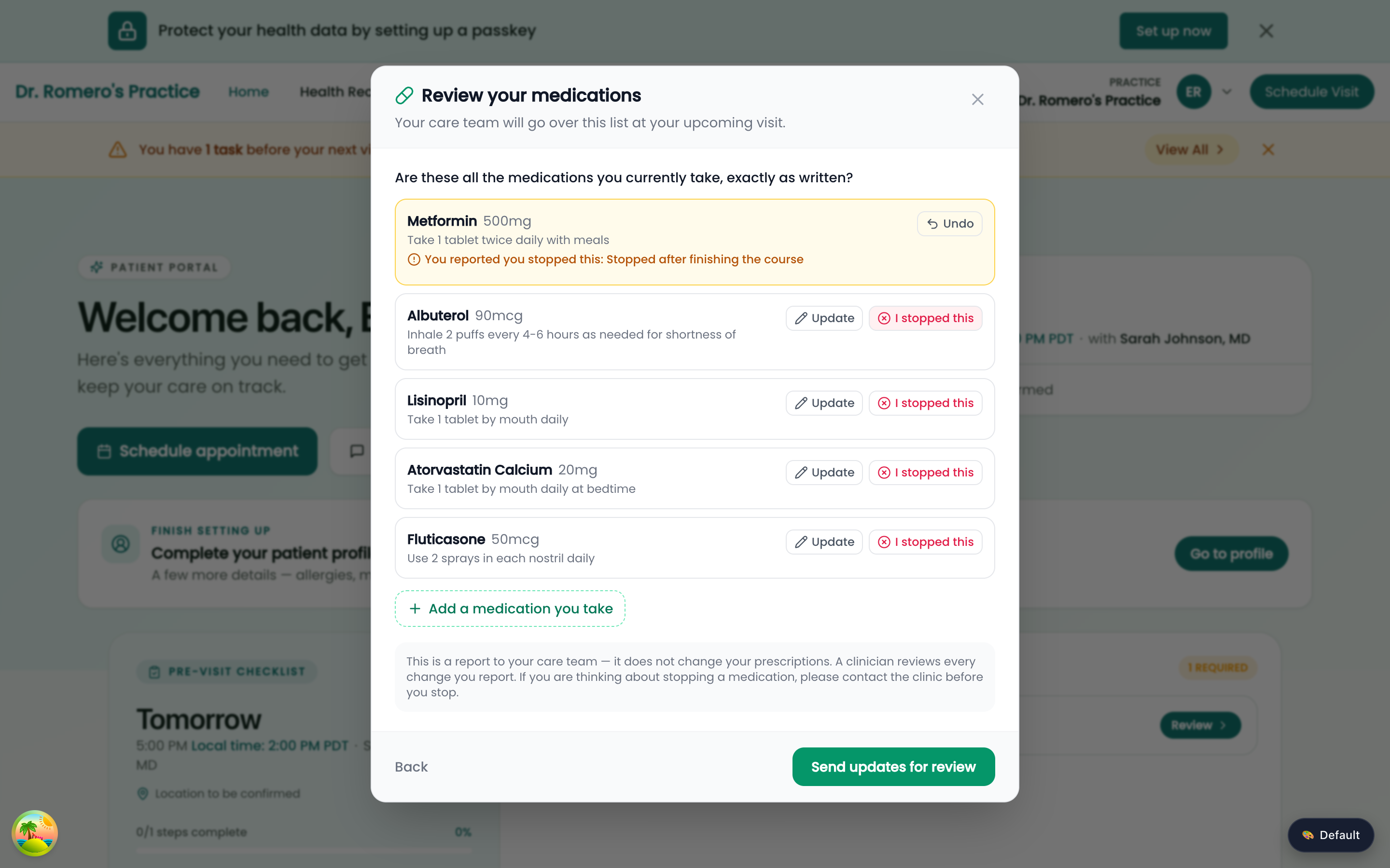 The medication review modal in change mode with one medication marked You reported you stopped this, Update and I stopped this buttons on the other rows, and a Send updates for review button