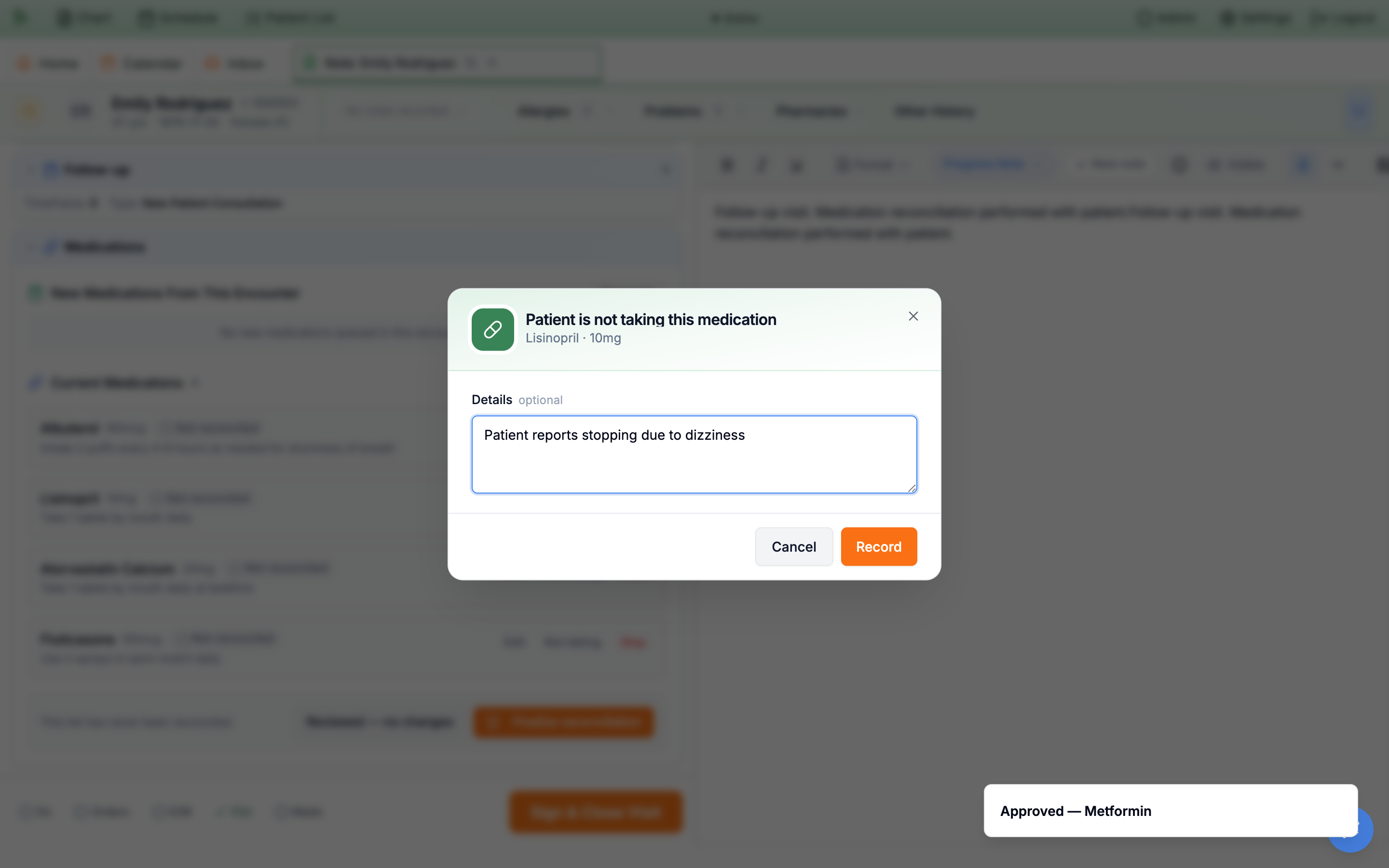 Patient is not taking this medication dialog for Lisinopril 10mg with an optional Details box and Cancel and Record buttons