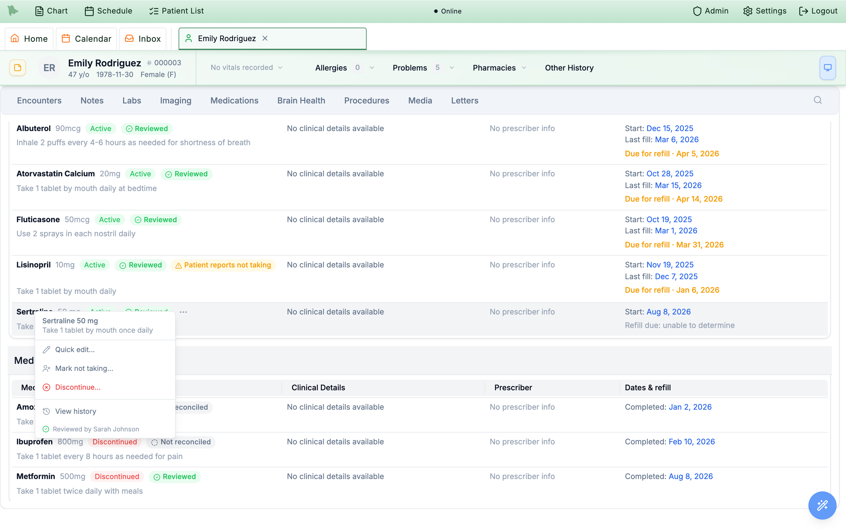 Chart Medications tab with Active and Reviewed badges on each row and a right-click menu offering Quick edit, Mark not taking, Discontinue, View history, and a Reviewed by Sarah Johnson footer