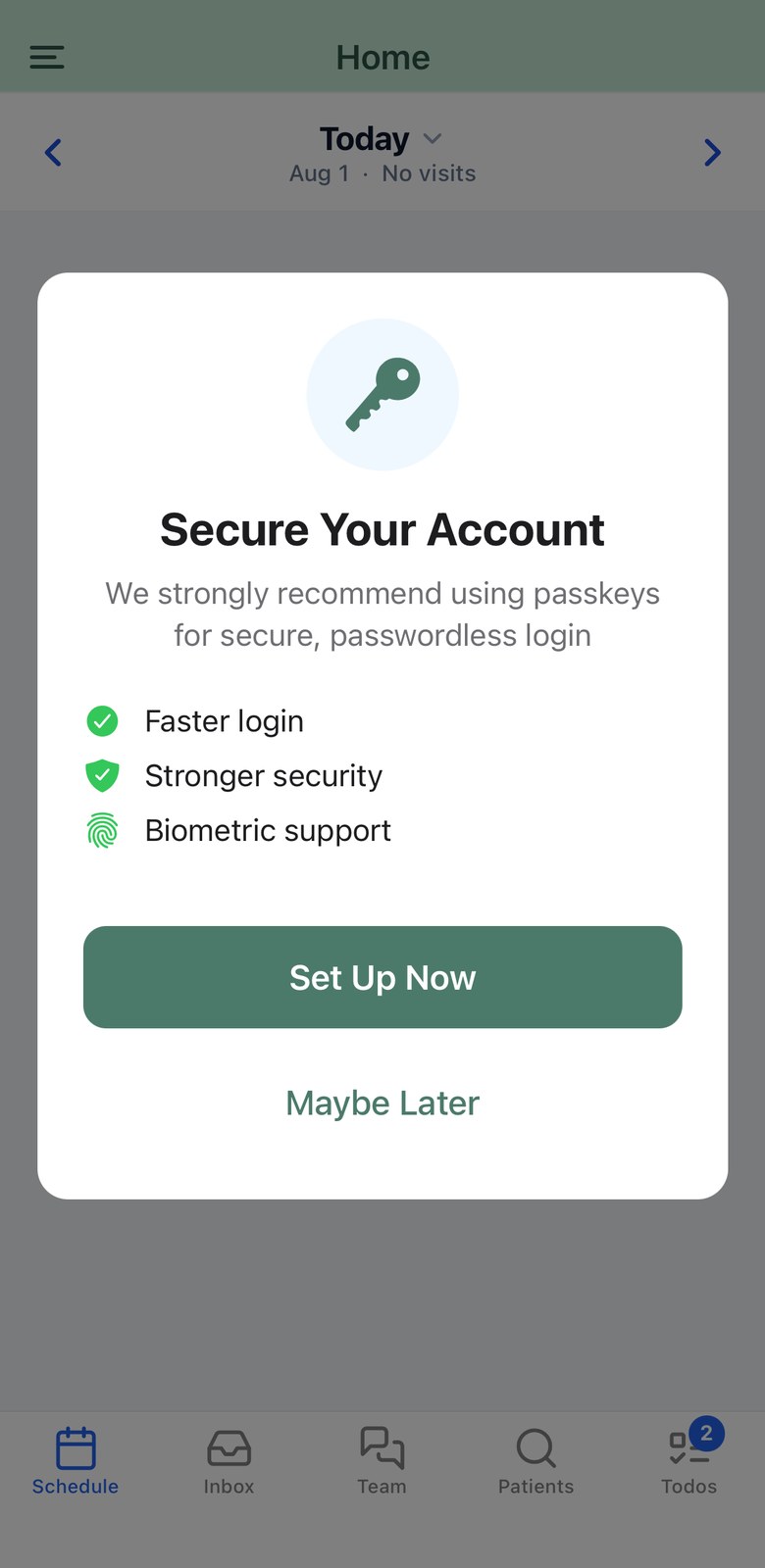 The passkey prompt in the app: faster login, stronger security, biometric support, with Set Up Now and Maybe Later