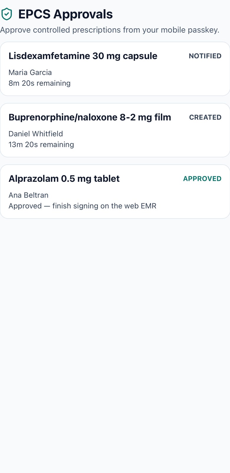 EPCS approvals on iPhone: three controlled-substance signing requests with their status and time remaining