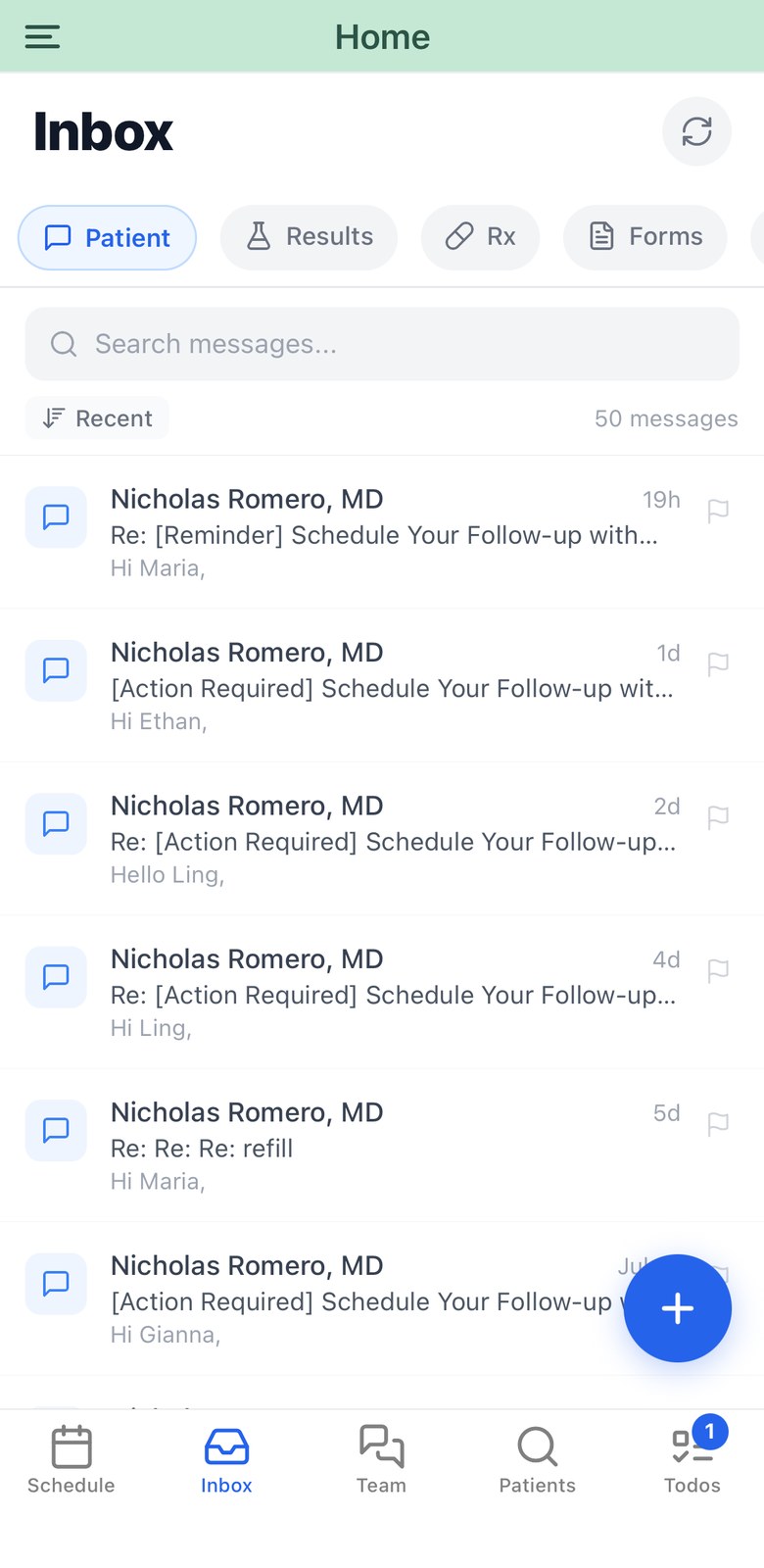 Physician inbox with category filters and patient message threads