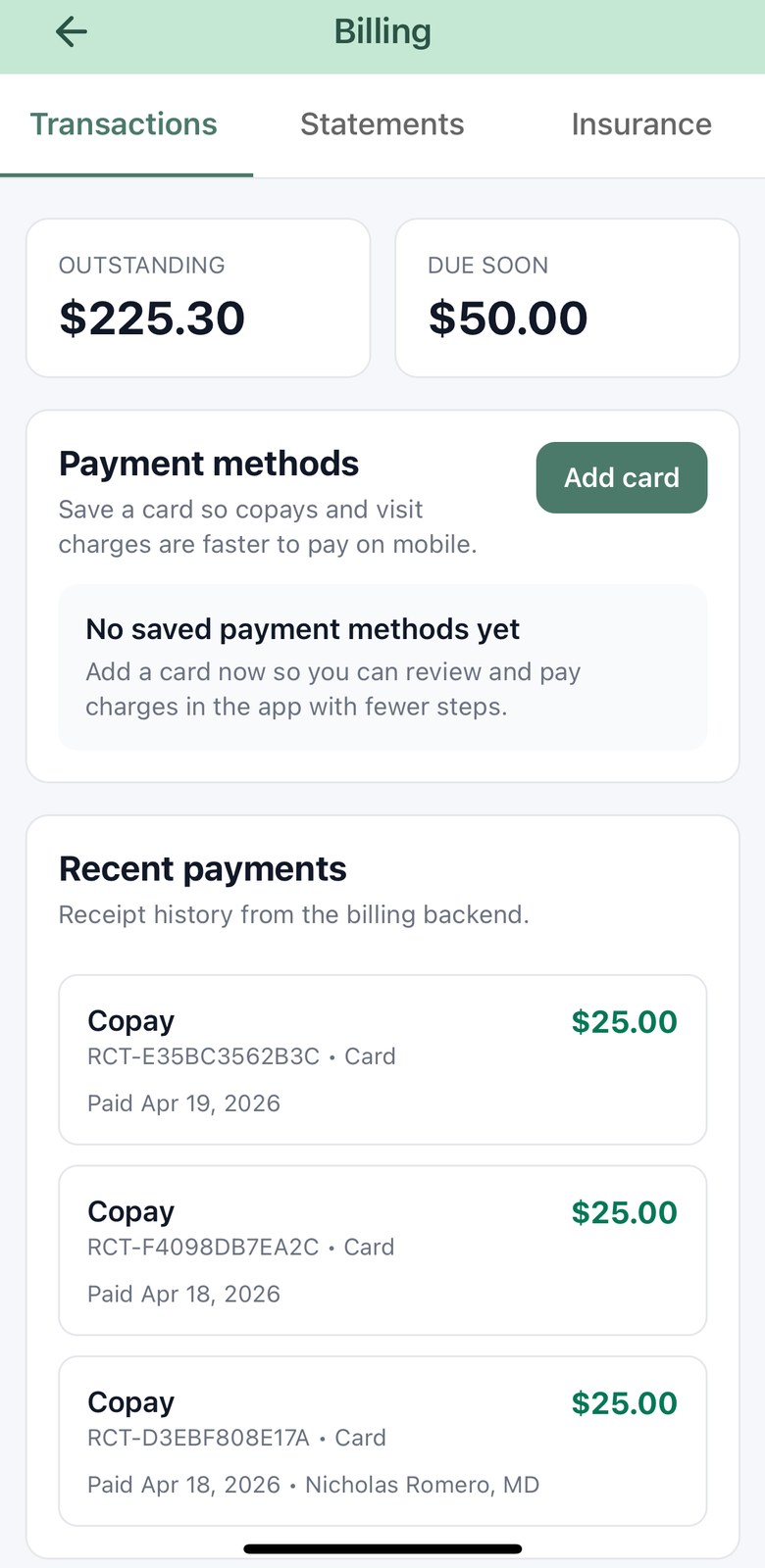 Patient billing screen showing outstanding balance, payment methods and receipts