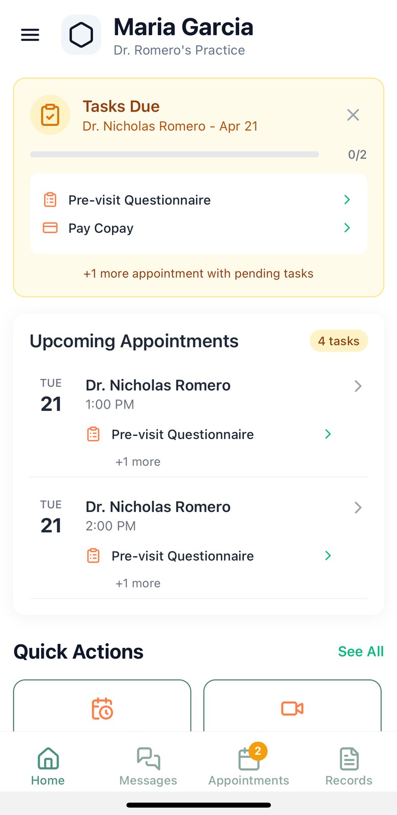 The patient home screen on iPhone showing outstanding pre-visit tasks and the next two appointments