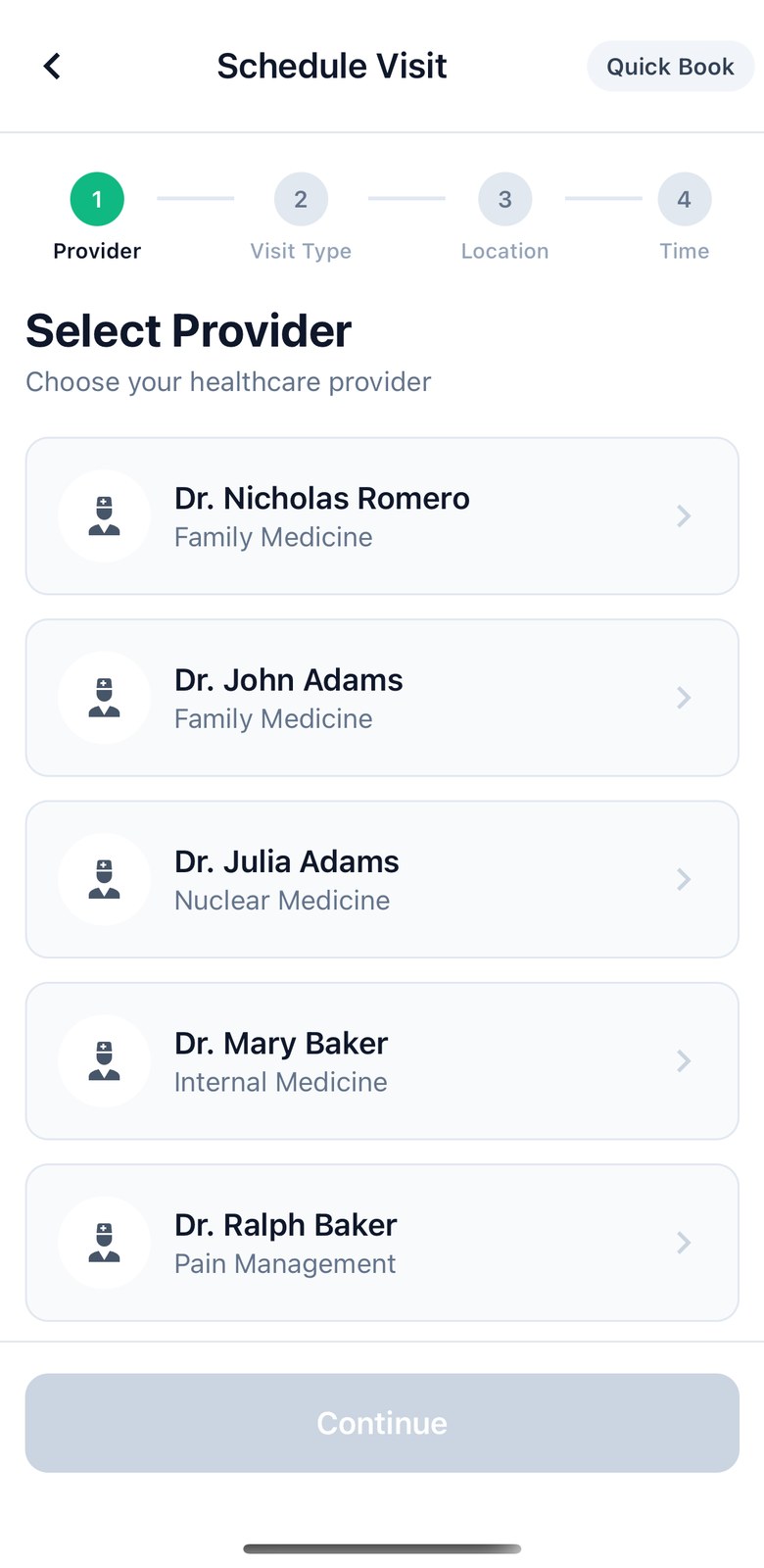 Patient booking wizard on iPhone, step one of four, choosing a provider