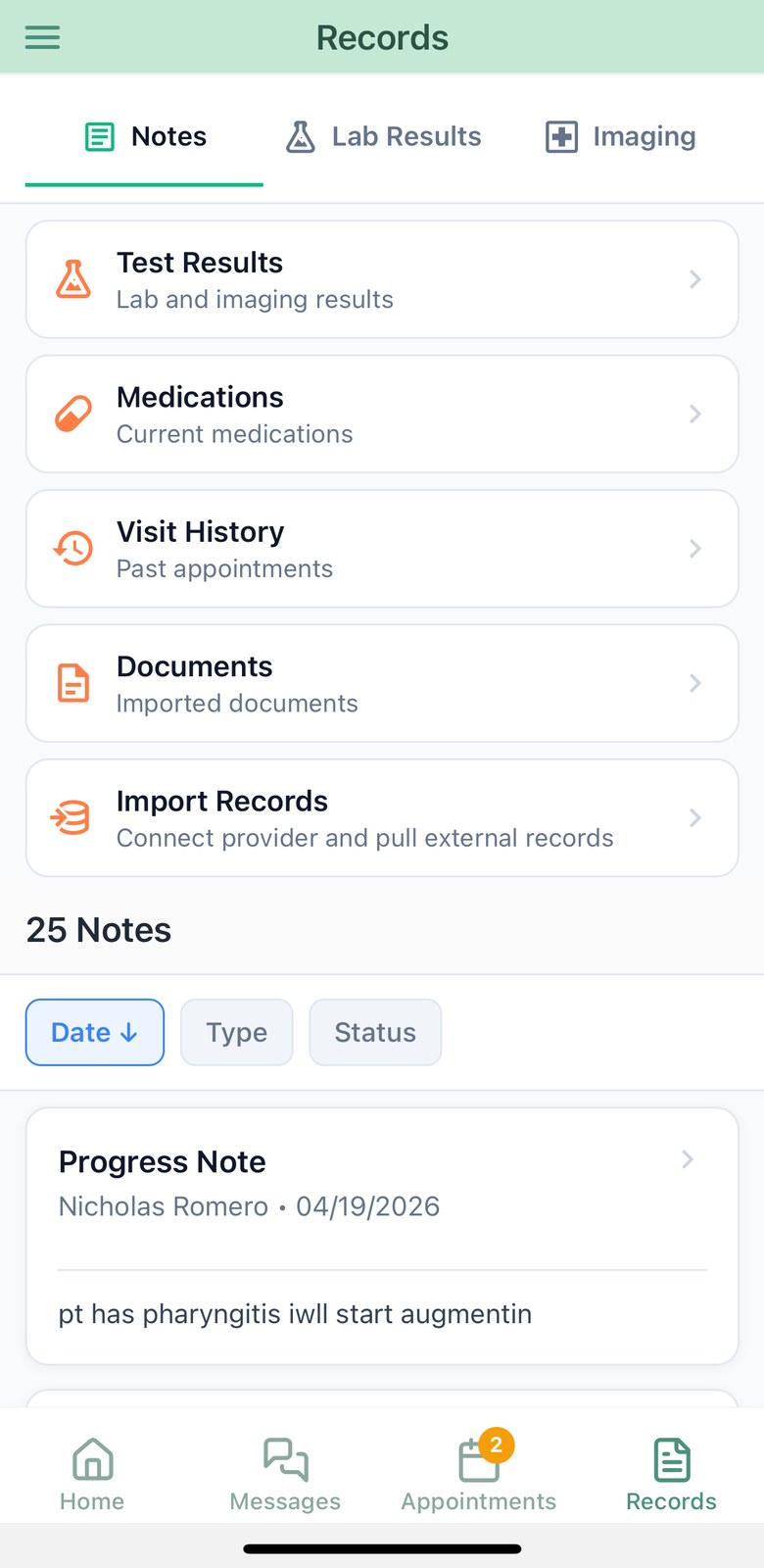 Patient records screen on iPhone with Notes, Lab Results and Imaging tabs plus hub cards for test results, medications, visit history, documents and import