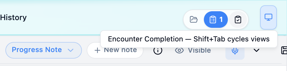 Close-up of the floating view switcher at the right end of the Hero EMR patient header strip: three round icon segments for Chart Review, Questionnaires and Encounter Completion, with the Questionnaires segment filled and showing the count 1, and a tooltip below reading Encounter Completion — Shift+Tab cycles views