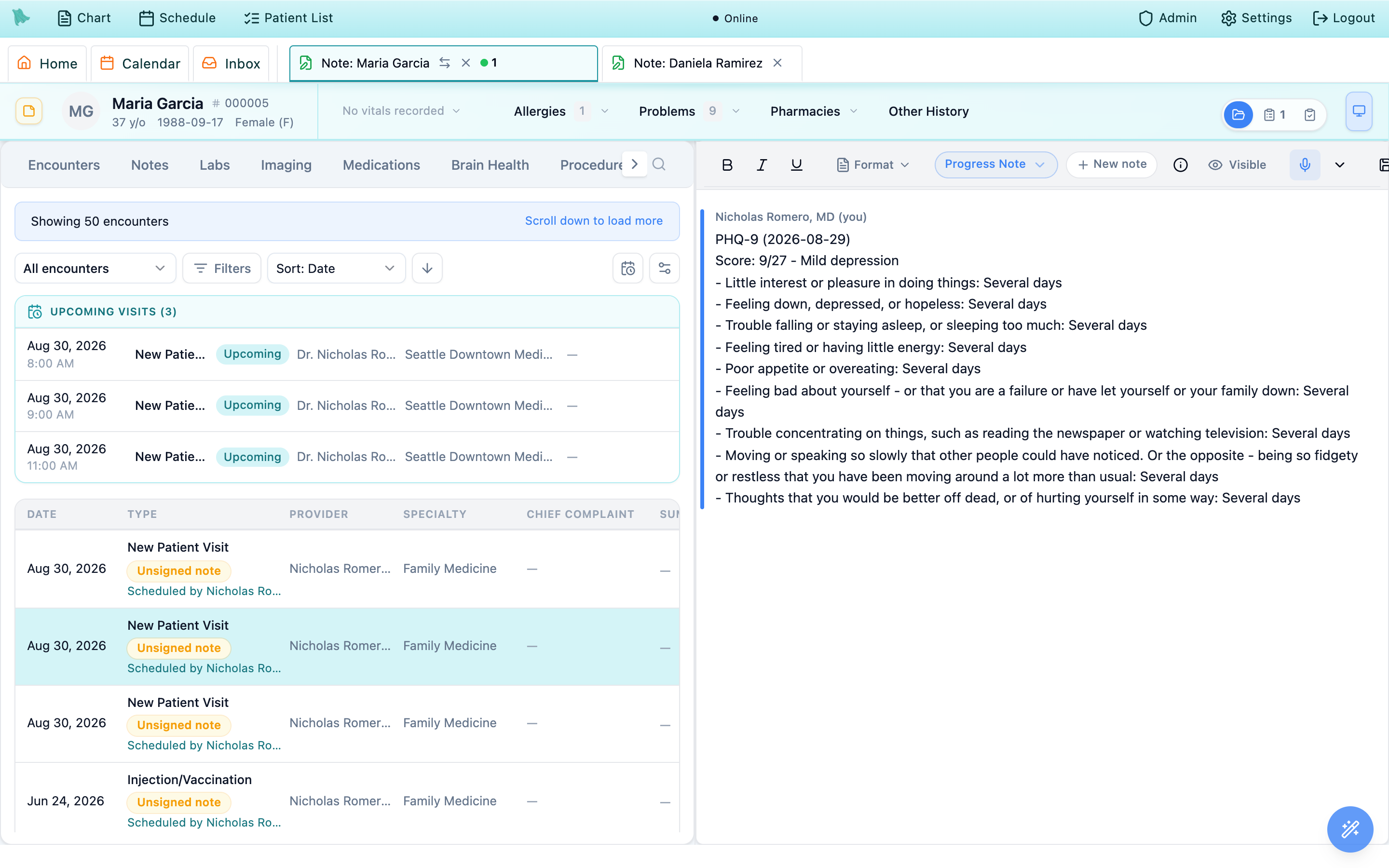 The same Hero EMR encounter note screen with the middle column switched to Chart Review, showing the Encounters, Notes, Labs, Imaging and Medications tabs, an upcoming visits panel and the encounter table, while the view switcher at the top right now has the Chart Review segment filled and the Questionnaires segment showing the count 1