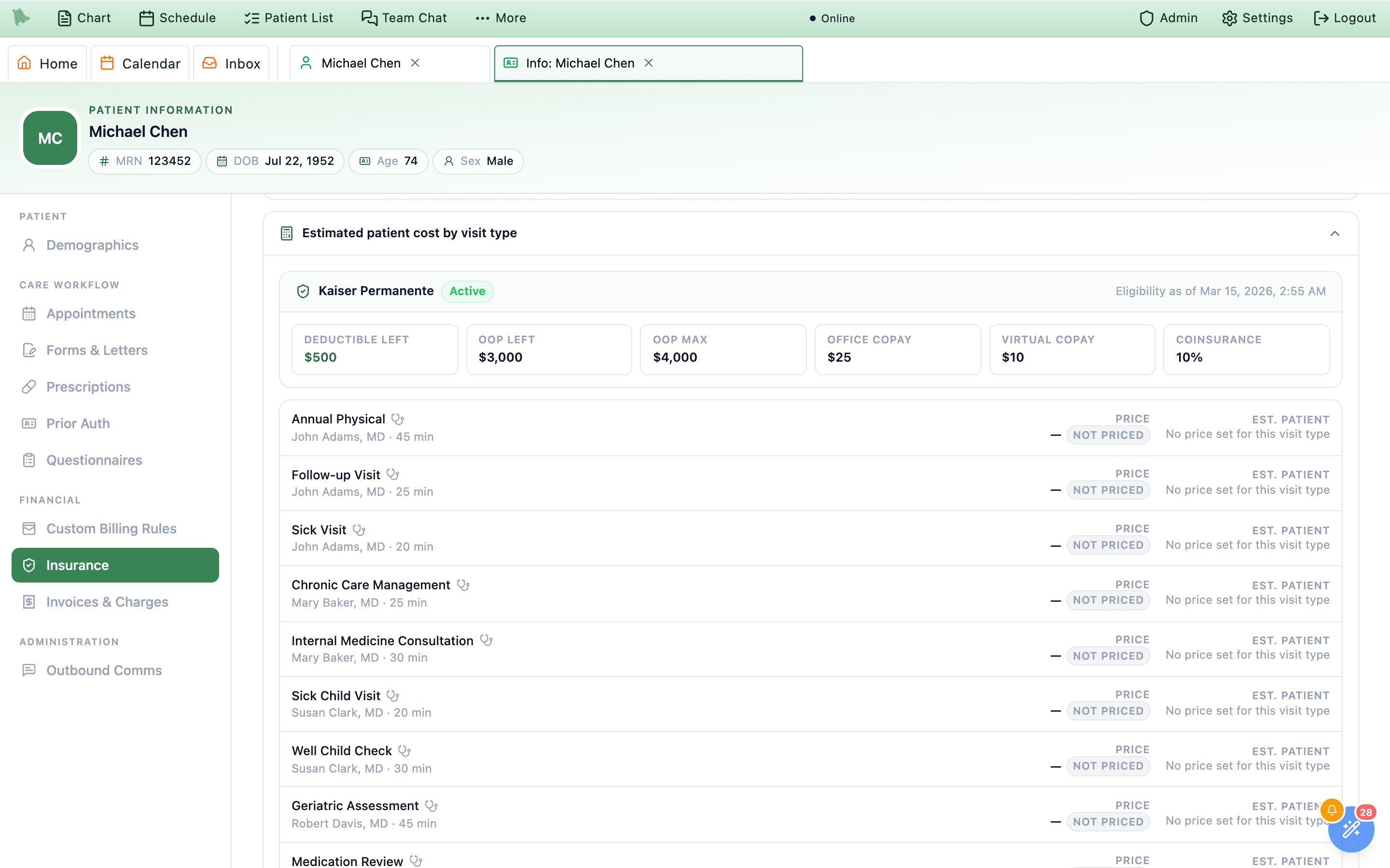 The Estimated patient cost by visit type accordion expanded at the bottom of the Insurance tab, showing the coverage summary with the payer name, an Active chip and an Eligibility as of timestamp, the six benefit tiles Deductible left, OOP left, OOP max, Office copay, Virtual copay and Coinsurance, and per-visit-type rows with Price and Est. patient columns above the estimate disclaimer