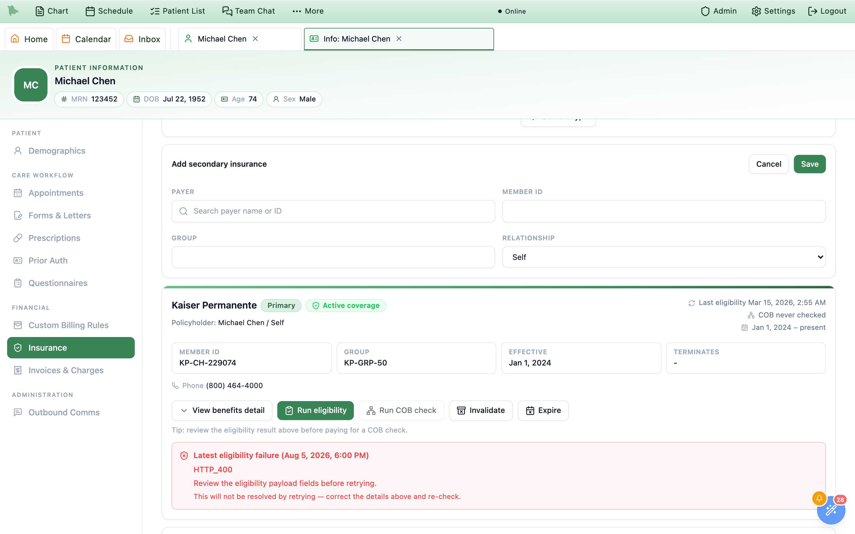 The Add secondary insurance form open above the existing policy card in the Insurance tab, with a Payer typeahead carrying the placeholder Search payer name or ID, Member ID and Group text fields, a Relationship select set to Self, and Cancel and Save buttons