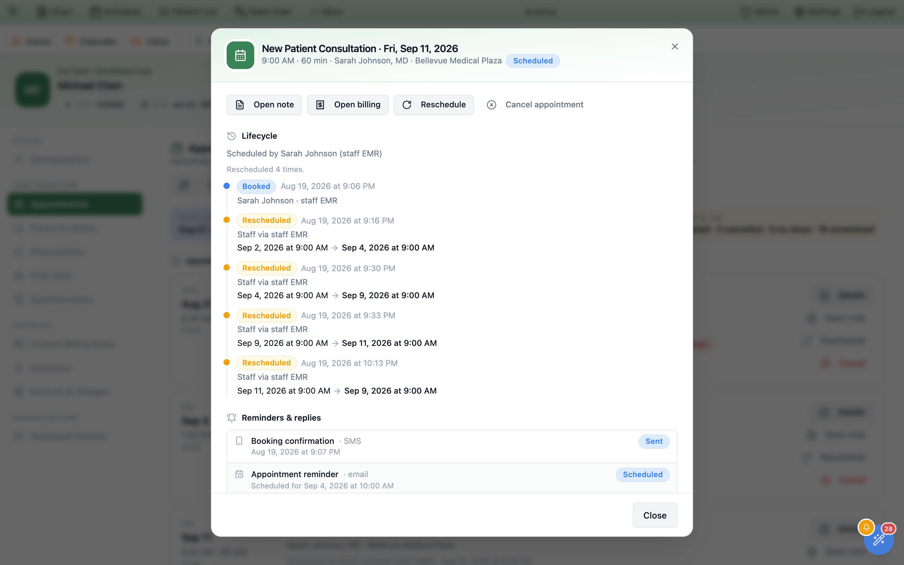 The appointment Details dialog for a New Patient Consultation showing a Lifecycle section that reads Rescheduled 4 times above a timeline of a Booked entry followed by four Rescheduled entries, each with its actor, its timestamp and the previous slot and new slot