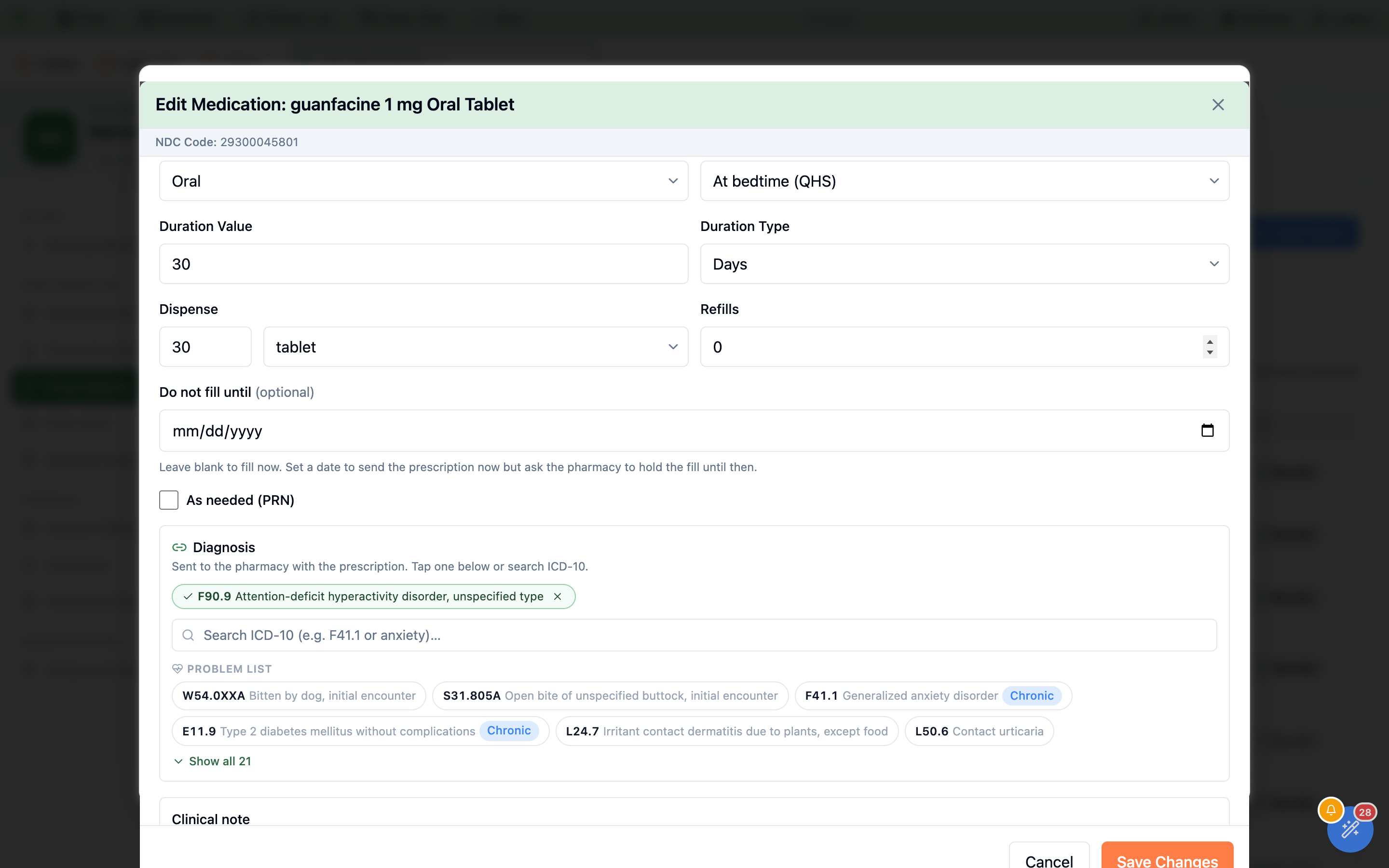 The upper half of the Edit Medication dialog for guanfacine 1 mg Oral Tablet, with Route set to Oral and Frequency set to At bedtime (QHS), Duration Value 30 Days, Dispense 30 tablet, Refills 0, and a Diagnosis panel showing the linked code F90.9 Attention-deficit hyperactivity disorder above the patient's problem list