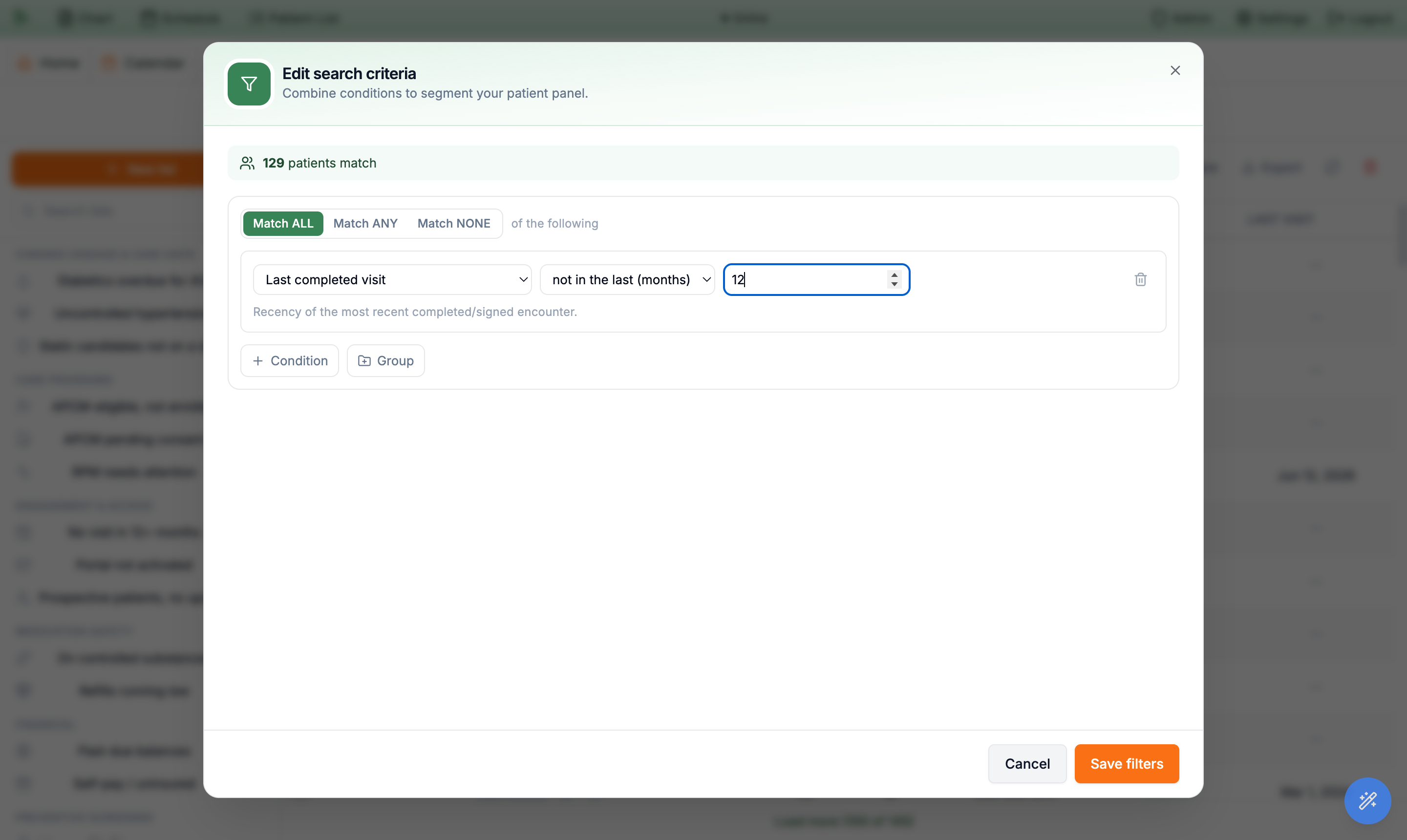 Custom search builder with a Last completed visit / not in the last / 12 months condition and a live 129 patients match banner