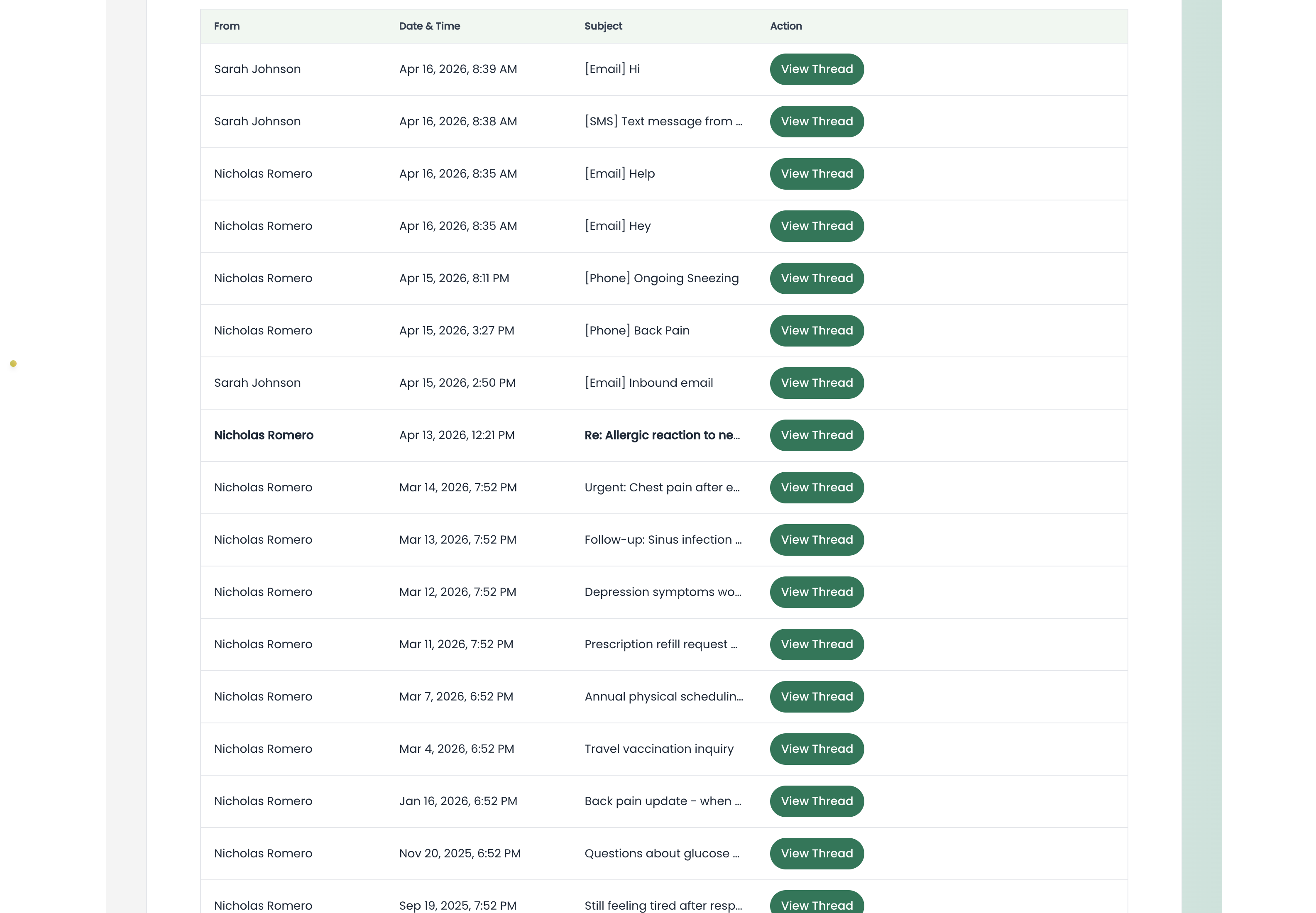 Patient portal Messages page showing a secure message thread between the patient and the practice