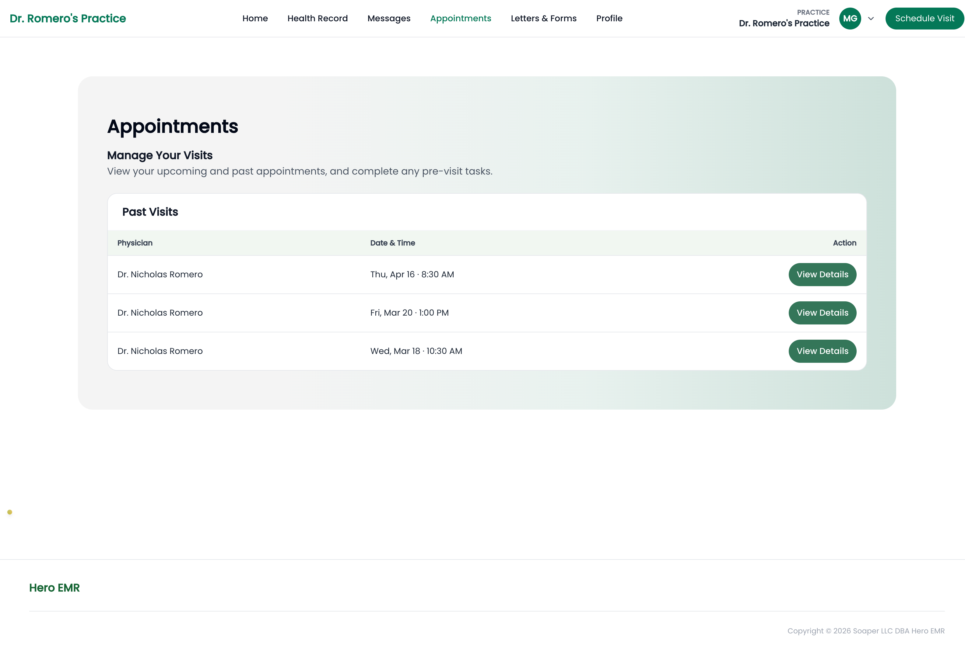 The patient portal Appointments list showing an upcoming visit